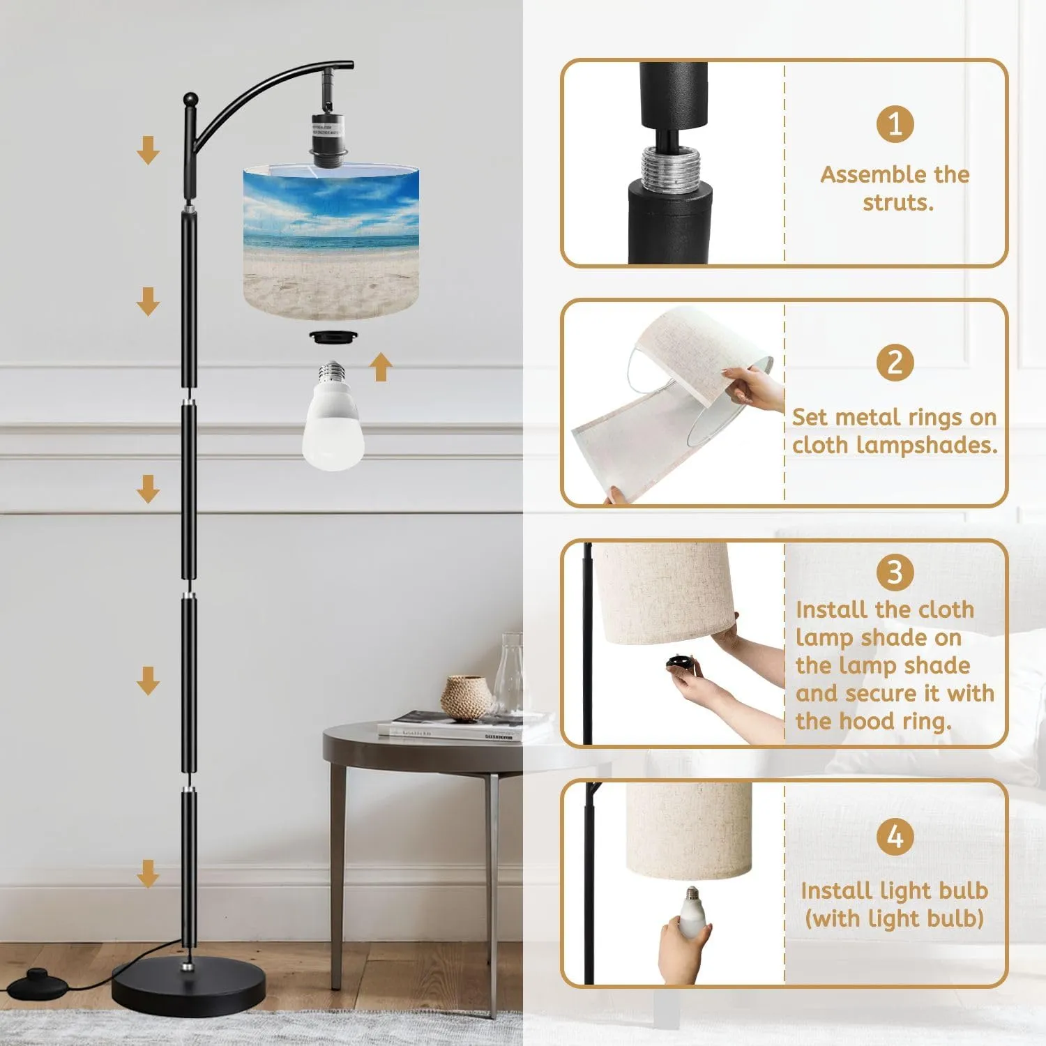 Arc Floor Lamps Beach Sand Scene Modern LED Adjustable Lampshade Standing Light for Living Room Reading Bedroom Office