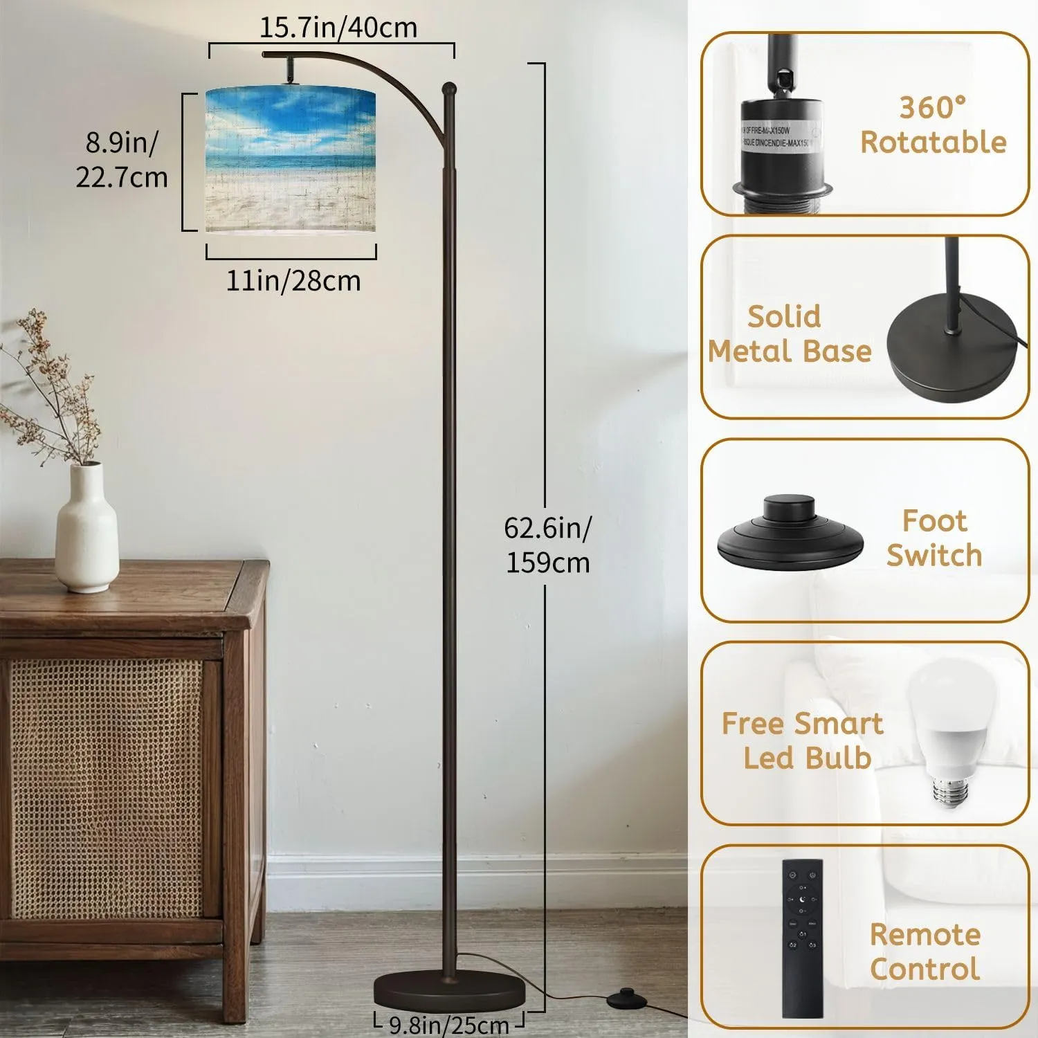 Arc Floor Lamps Beach Sand Scene Modern LED Adjustable Lampshade Standing Light for Living Room Reading Bedroom Office