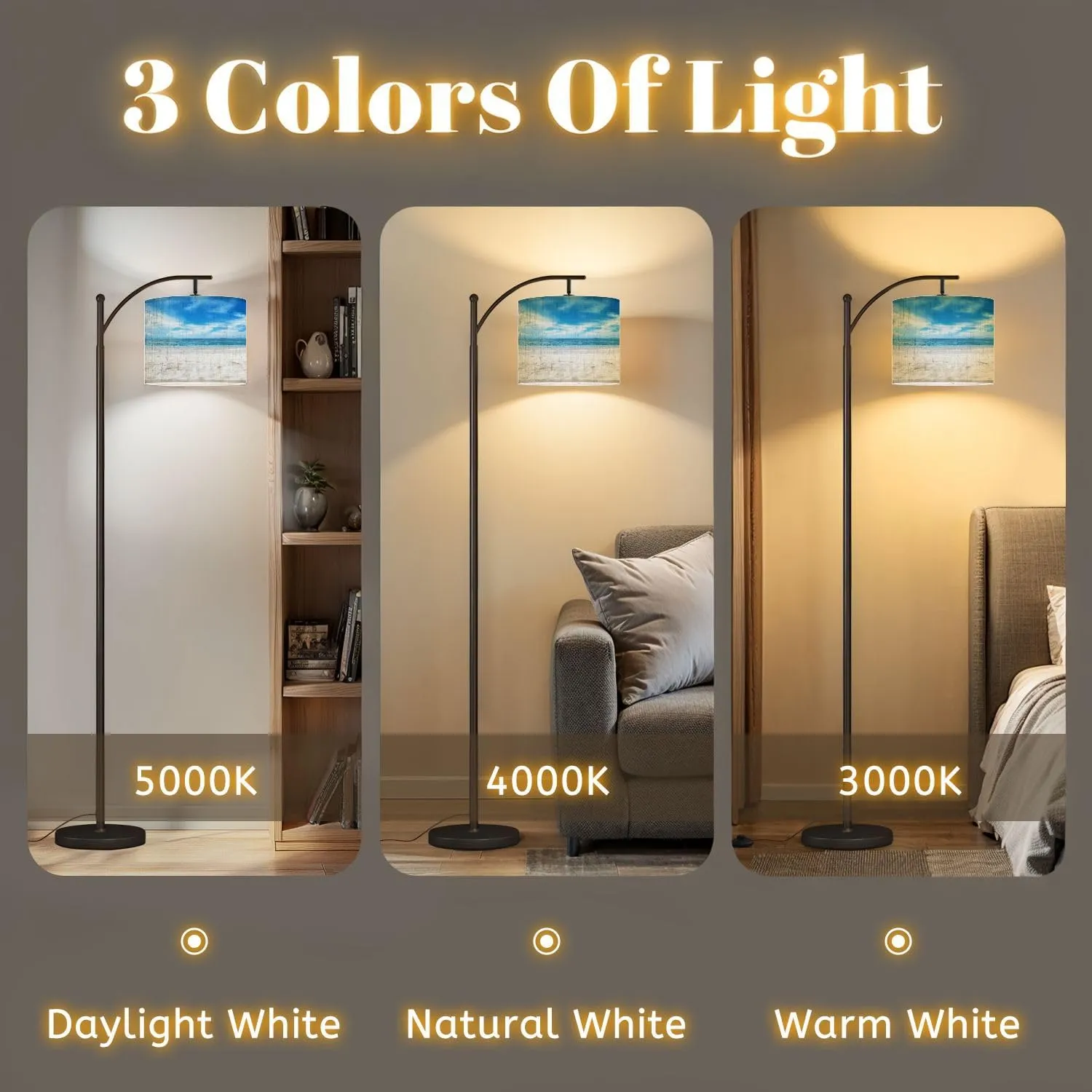 Arc Floor Lamps Beach Sand Scene Modern LED Adjustable Lampshade Standing Light for Living Room Reading Bedroom Office