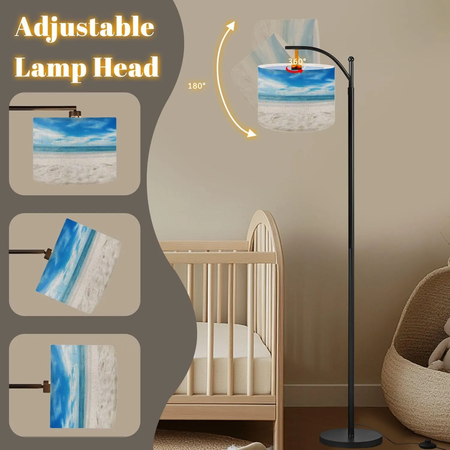 Arc Floor Lamps Beach Sand Scene Modern LED Adjustable Lampshade Standing Light for Living Room Reading Bedroom Office