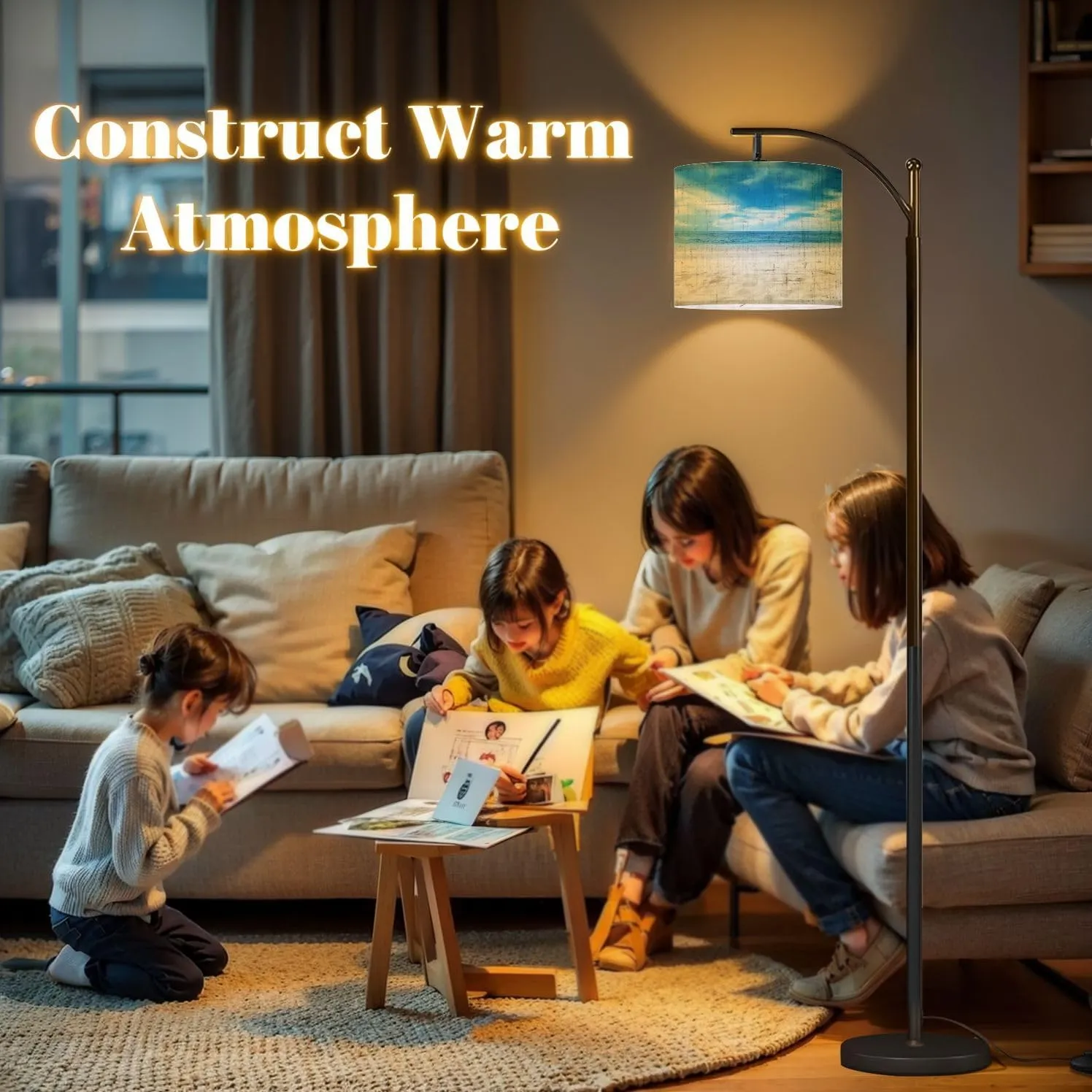 Arc Floor Lamps Beach Sand Scene Modern LED Adjustable Lampshade Standing Light for Living Room Reading Bedroom Office