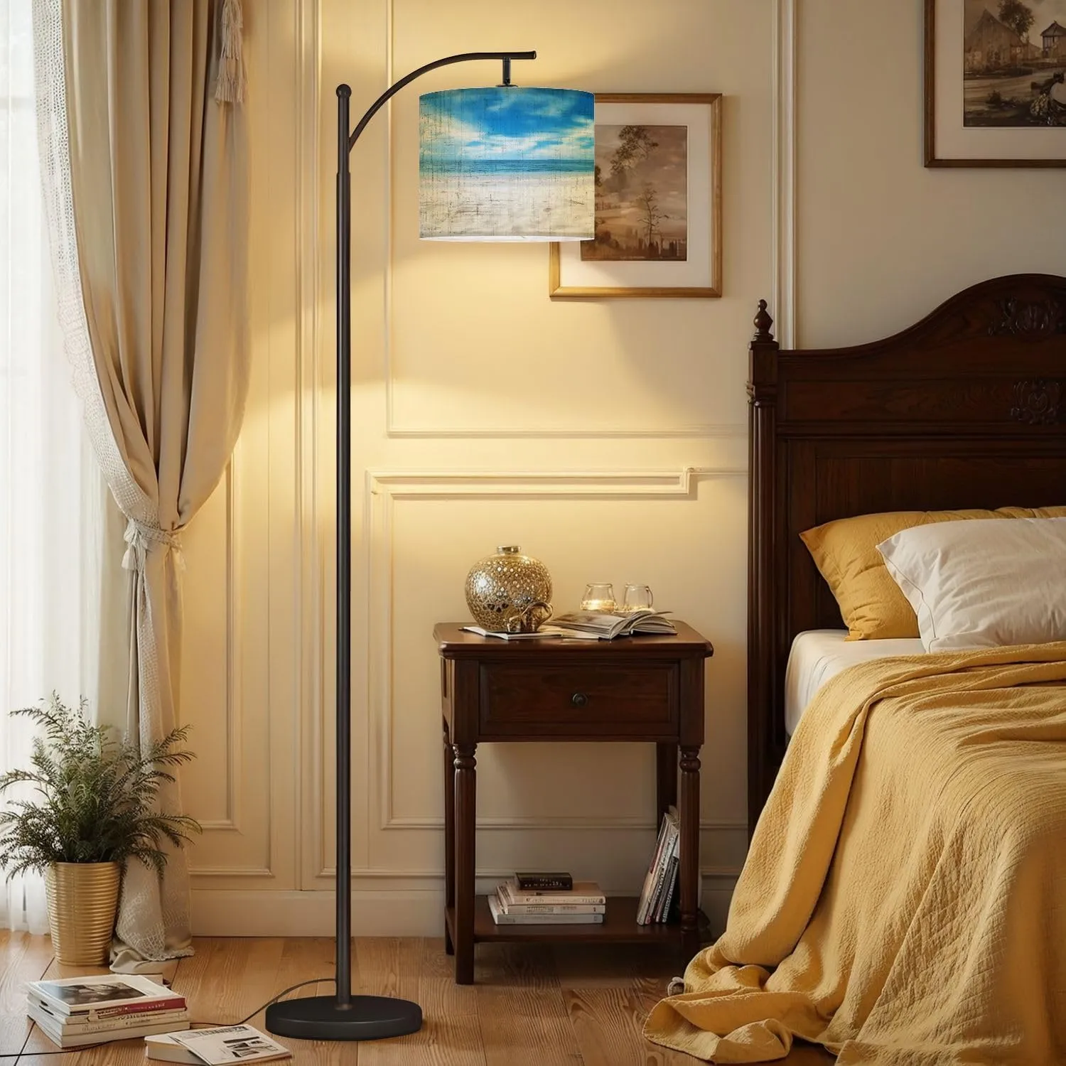 Arc Floor Lamps Beach Sand Scene Modern LED Adjustable Lampshade Standing Light for Living Room Reading Bedroom Office