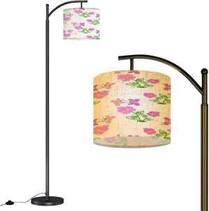 Arc Floor Lamps Cheerful Seamless Pattern Featuring Hand Drawn Pink Flowers Colorful Modern LED Adjustable Lampshade Standing Light for Living Room Reading Bedroom Office