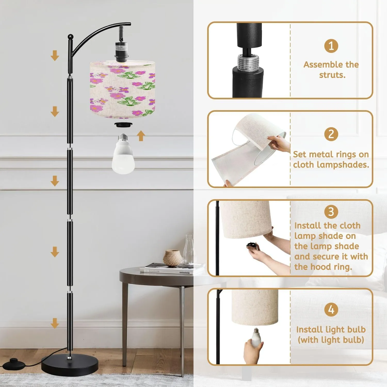 Arc Floor Lamps Cheerful Seamless Pattern Featuring Hand Drawn Pink Flowers Colorful Modern LED Adjustable Lampshade Standing Light for Living Room Reading Bedroom Office
