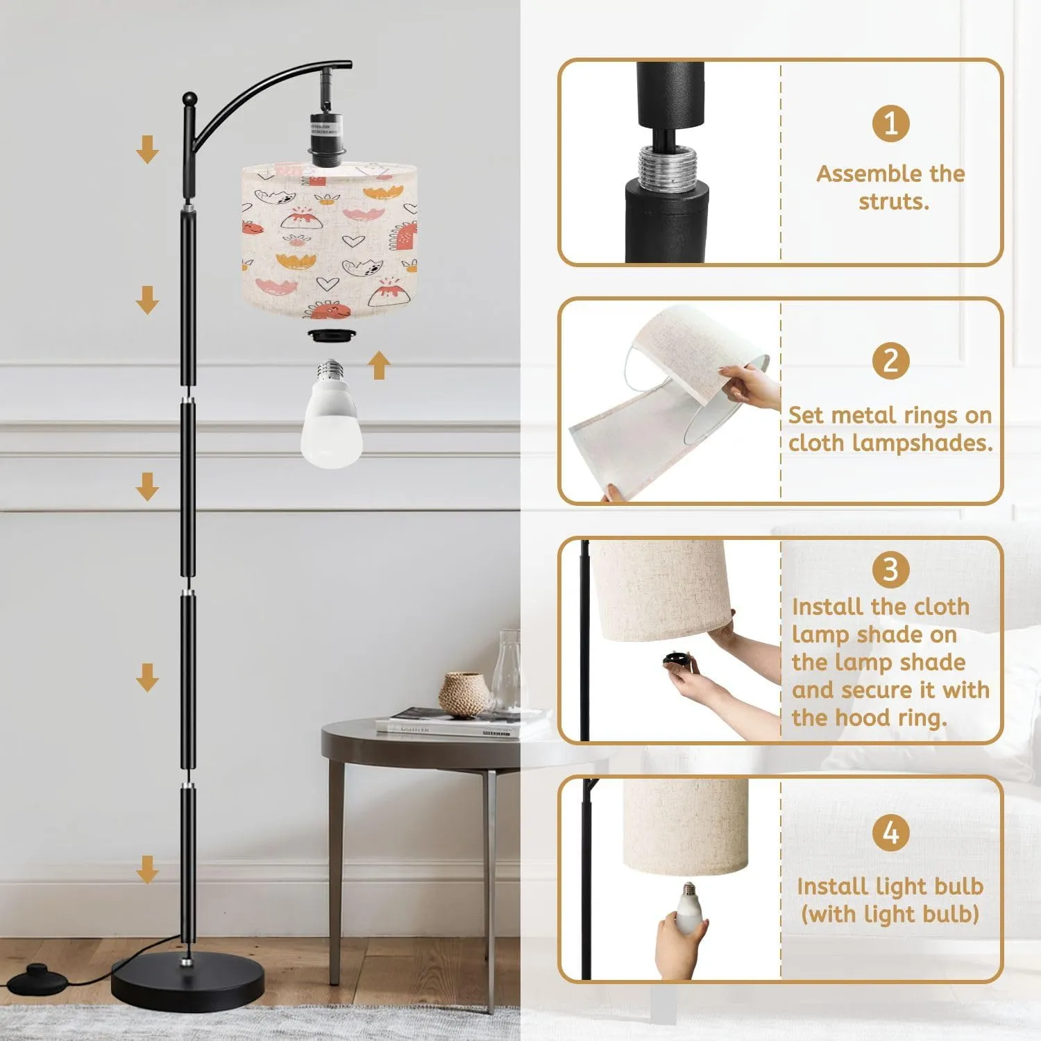 Arc Floor Lamps Cute Dinosaur Seamless Pattern Doodle Style Outline Baby Dino Print Modern LED Adjustable Lampshade Standing Light for Living Room Reading Bedroom Office