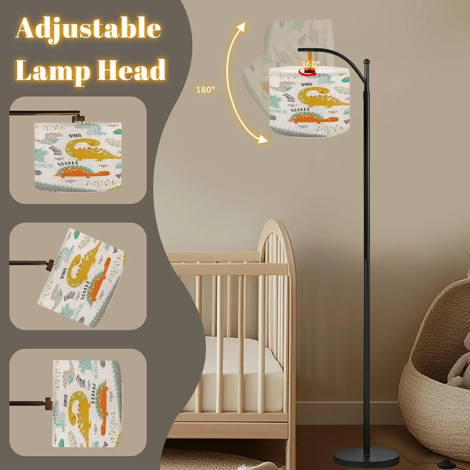 Arc Floor Lamps Cute Funny Kids Dinosaurs Pattern Colorful Dinosaurs Backdrop for Modern LED Adjustable Lampshade Standing Light for Living Room Reading Bedroom Office