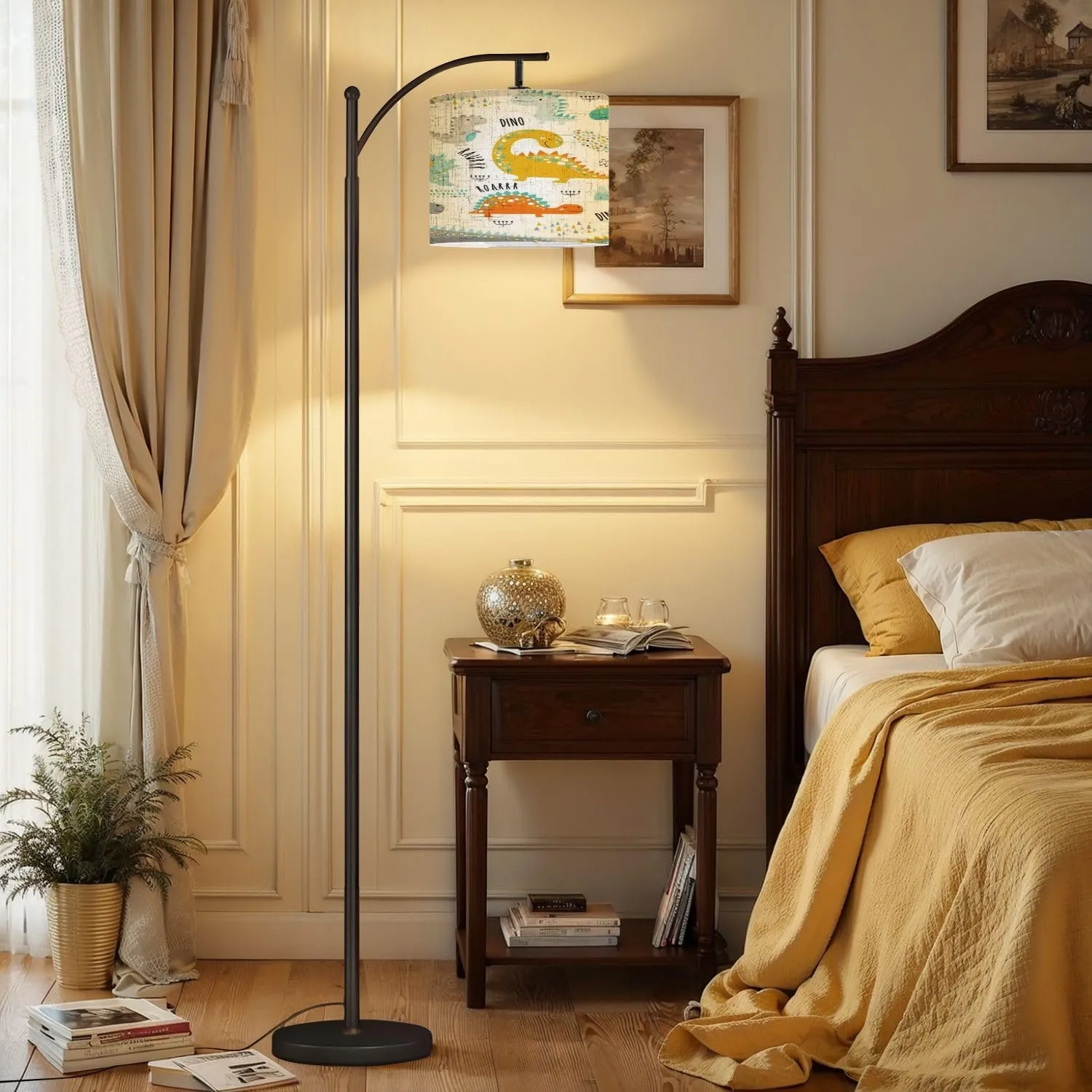 Arc Floor Lamps Cute Funny Kids Dinosaurs Pattern Colorful Dinosaurs Backdrop for Modern LED Adjustable Lampshade Standing Light for Living Room Reading Bedroom Office