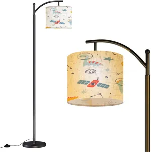 Arc Floor Lamps Cute Space Pattern Dino Astronauts Seamless White Cosmic Print Modern LED Adjustable Lampshade Standing Light for Living Room Reading Bedroom Office
