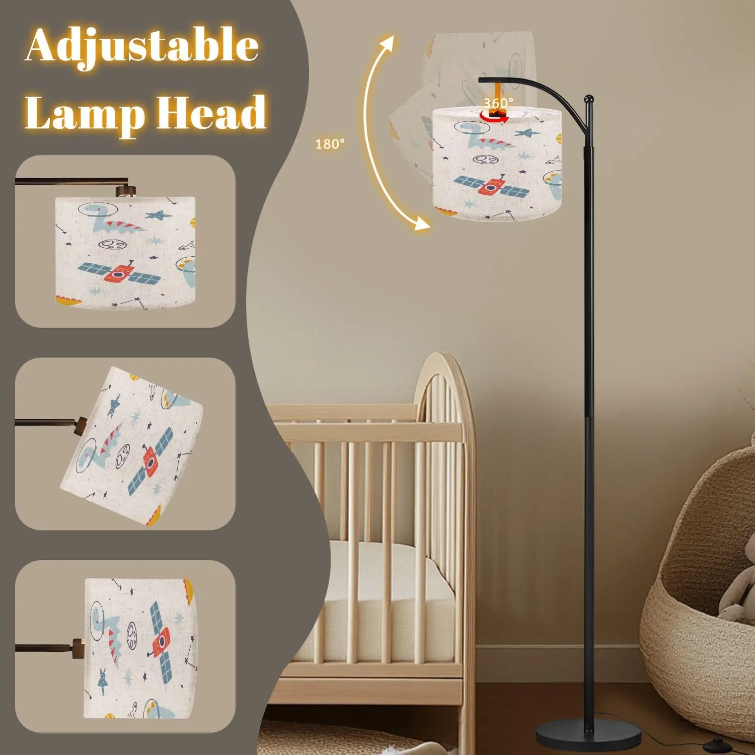 Arc Floor Lamps Cute Space Pattern Dino Astronauts Seamless White Cosmic Print Modern LED Adjustable Lampshade Standing Light for Living Room Reading Bedroom Office