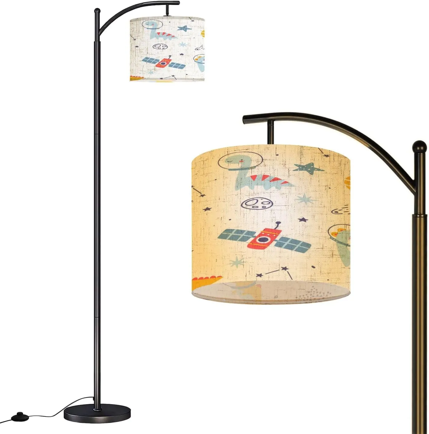 Arc Floor Lamps Cute Space Pattern Dino Astronauts Seamless White Cosmic Print Modern LED Adjustable Lampshade Standing Light for Living Room Reading Bedroom Office
