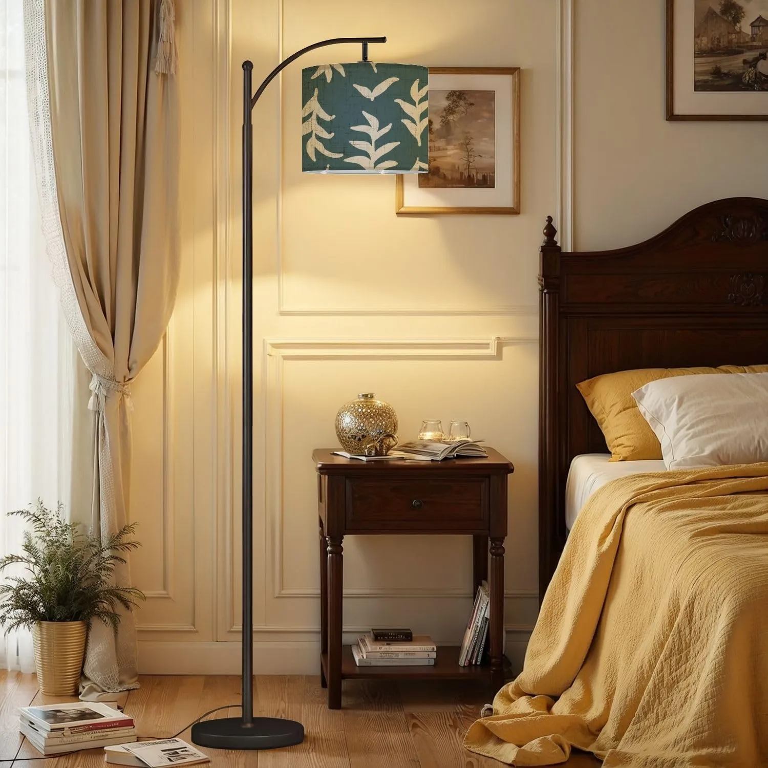 Arc Floor Lamps Floral Print Seamless Pattern Hand Drawn Style Collage Contemporary Modern LED Adjustable Lampshade Standing Light for Living Room Reading Bedroom Office