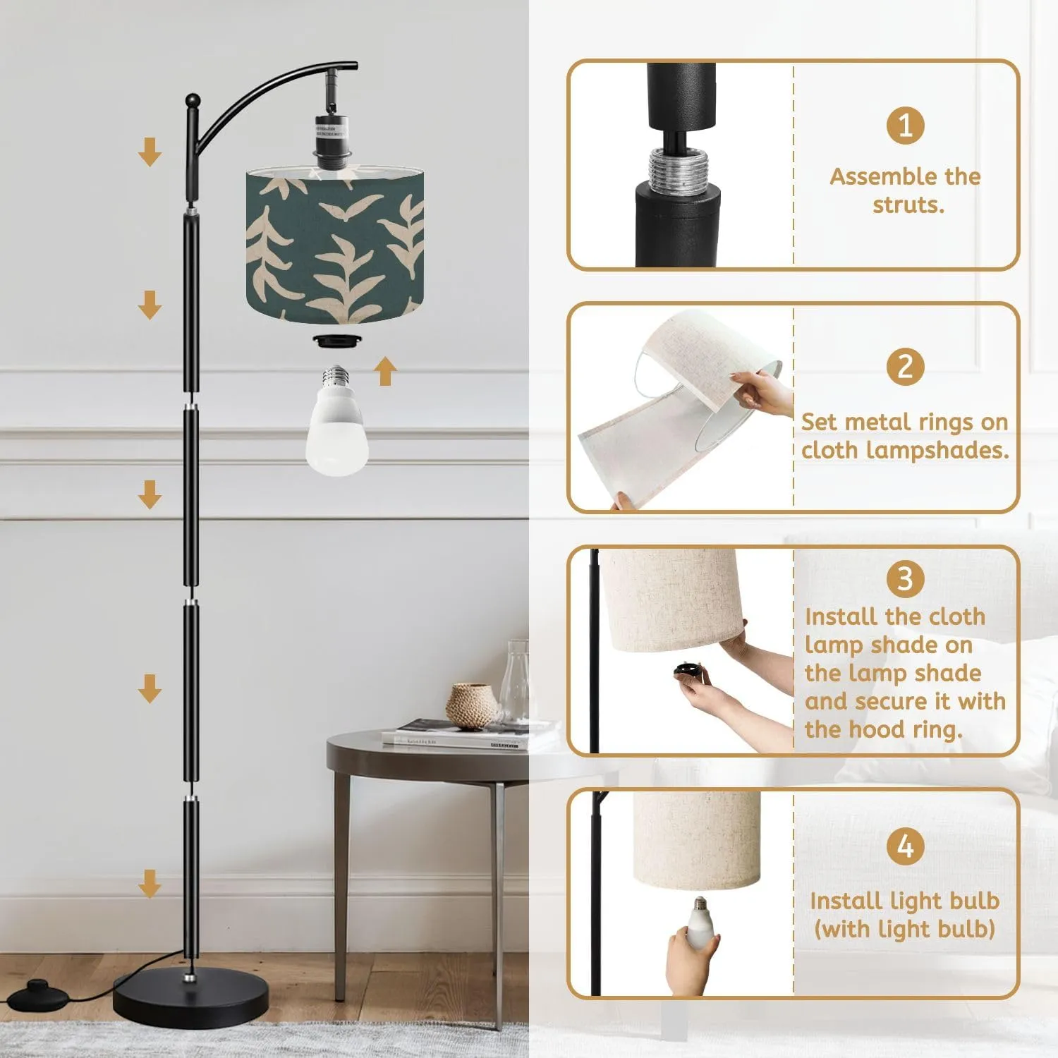 Arc Floor Lamps Floral Print Seamless Pattern Hand Drawn Style Collage Contemporary Modern LED Adjustable Lampshade Standing Light for Living Room Reading Bedroom Office