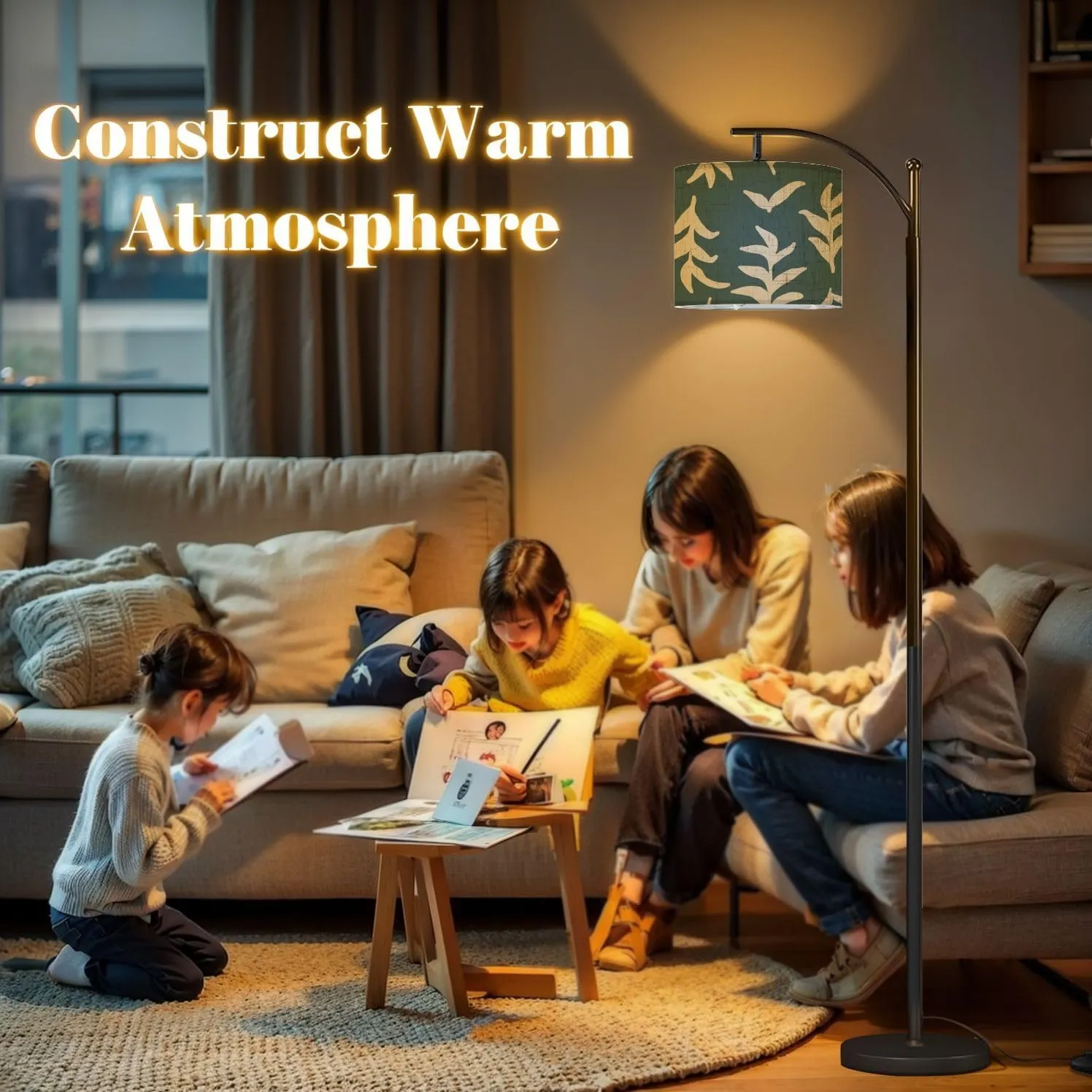 Arc Floor Lamps Floral Print Seamless Pattern Hand Drawn Style Collage Contemporary Modern LED Adjustable Lampshade Standing Light for Living Room Reading Bedroom Office