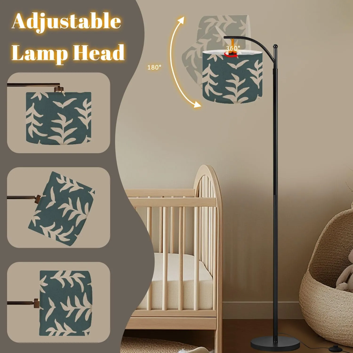 Arc Floor Lamps Floral Print Seamless Pattern Hand Drawn Style Collage Contemporary Modern LED Adjustable Lampshade Standing Light for Living Room Reading Bedroom Office