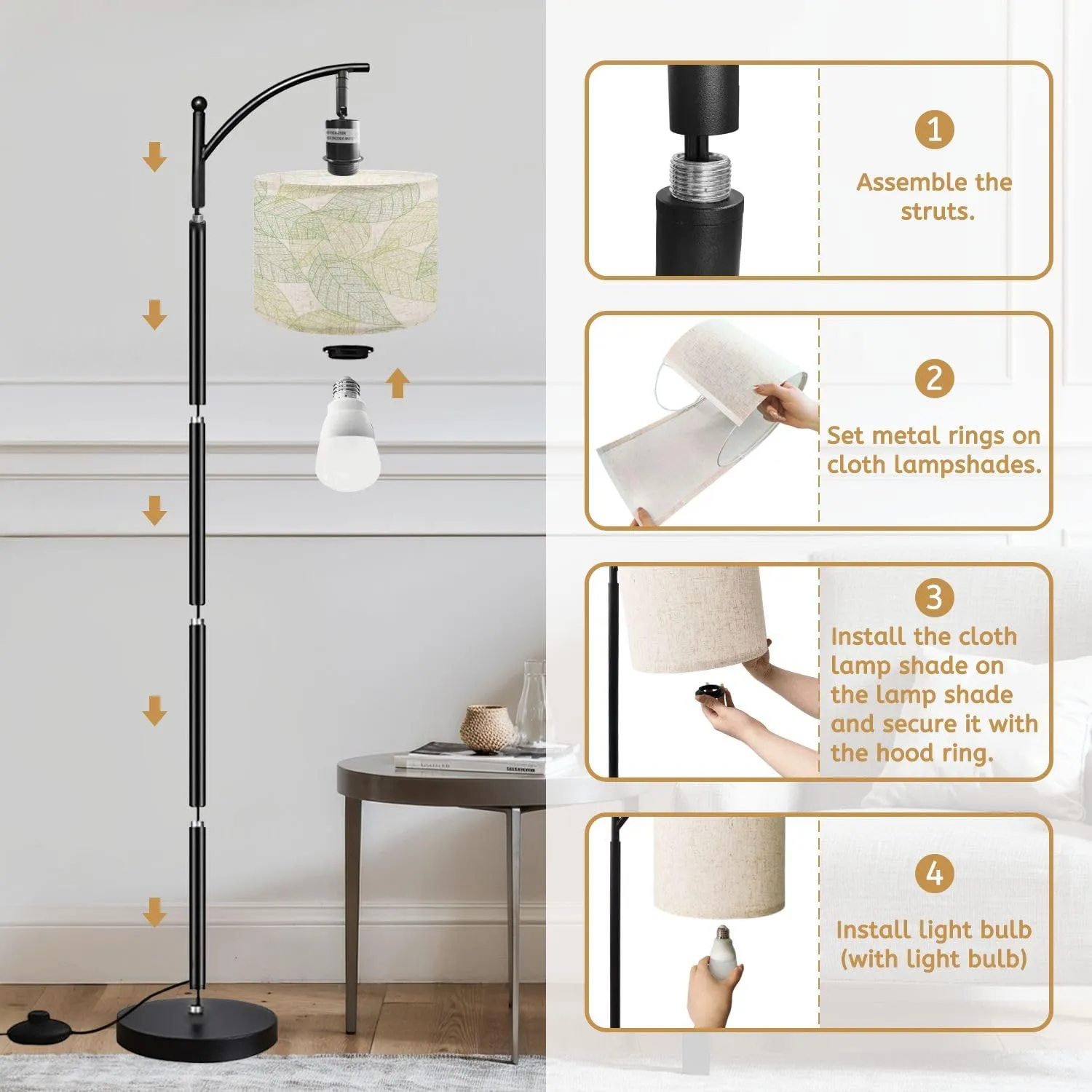 Arc Floor Lamps Horizontally and Vertically Repeatable Seamless Background with Leaf Modern LED Adjustable Lampshade Standing Light for Living Room Reading Bedroom Office