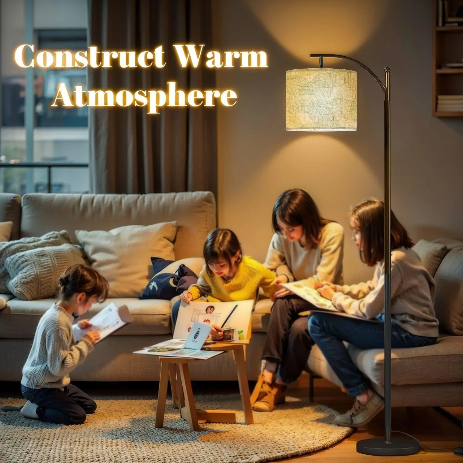 Arc Floor Lamps Horizontally and Vertically Repeatable Seamless Background with Leaf Modern LED Adjustable Lampshade Standing Light for Living Room Reading Bedroom Office