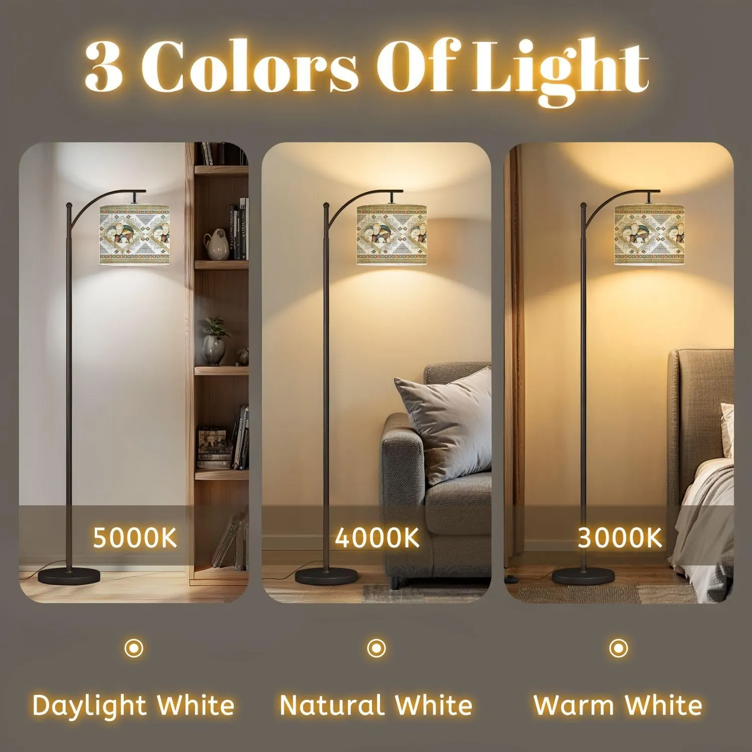 Arc Floor Lamps Seamless Pattern Border Watercolor Indian Elephant Geometrical Modern LED Adjustable Lampshade Standing Light for Living Room Reading Bedroom Office