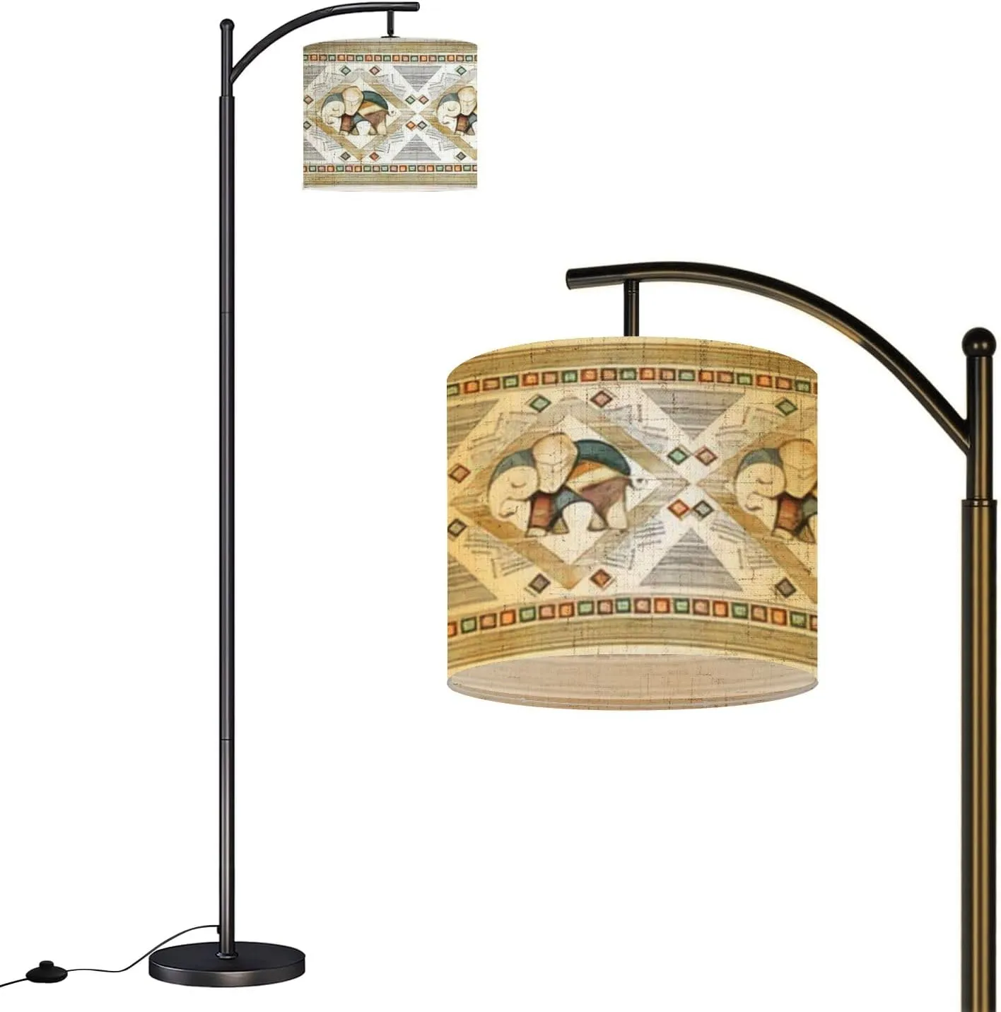 Arc Floor Lamps Seamless Pattern Border Watercolor Indian Elephant Geometrical Modern LED Adjustable Lampshade Standing Light for Living Room Reading Bedroom Office