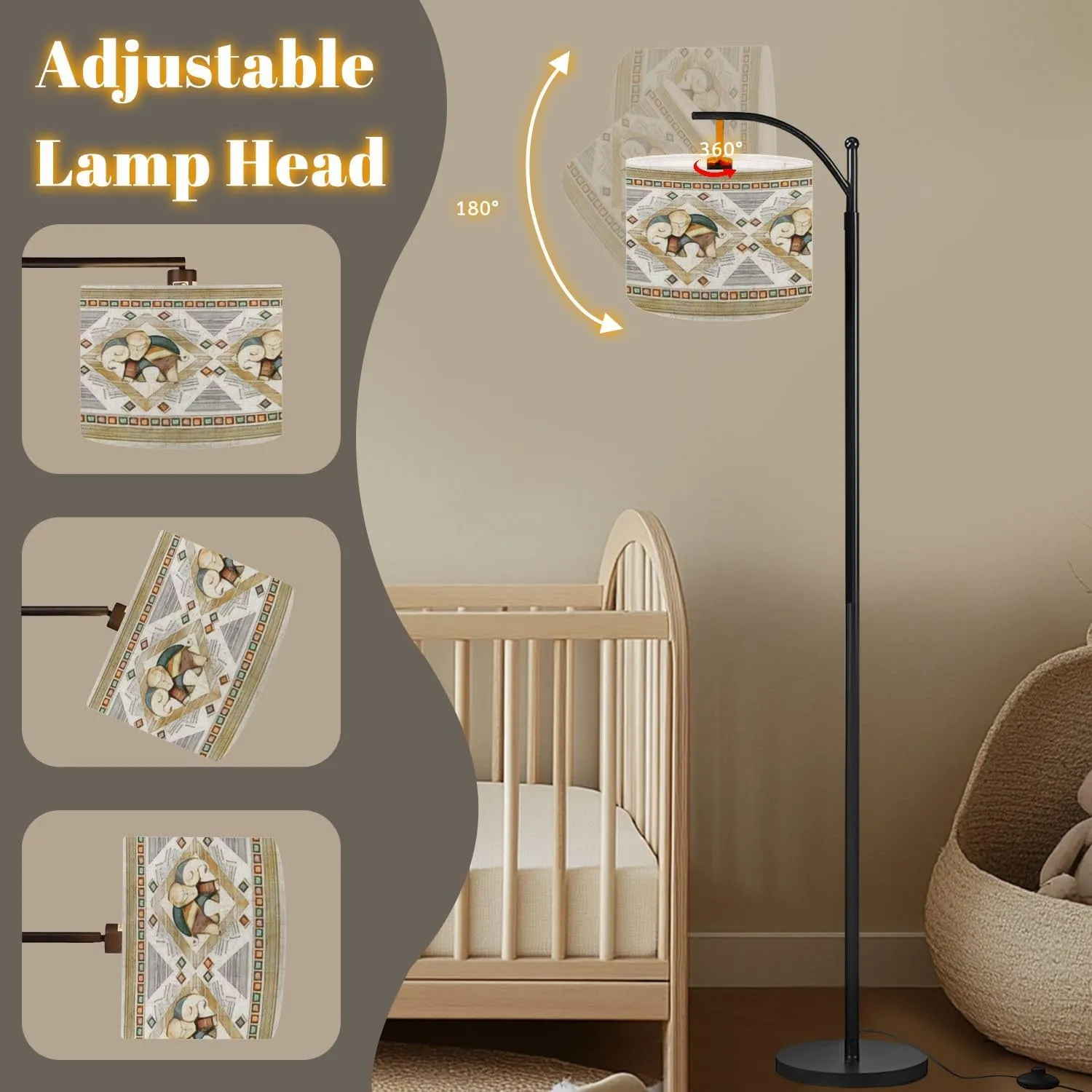 Arc Floor Lamps Seamless Pattern Border Watercolor Indian Elephant Geometrical Modern LED Adjustable Lampshade Standing Light for Living Room Reading Bedroom Office