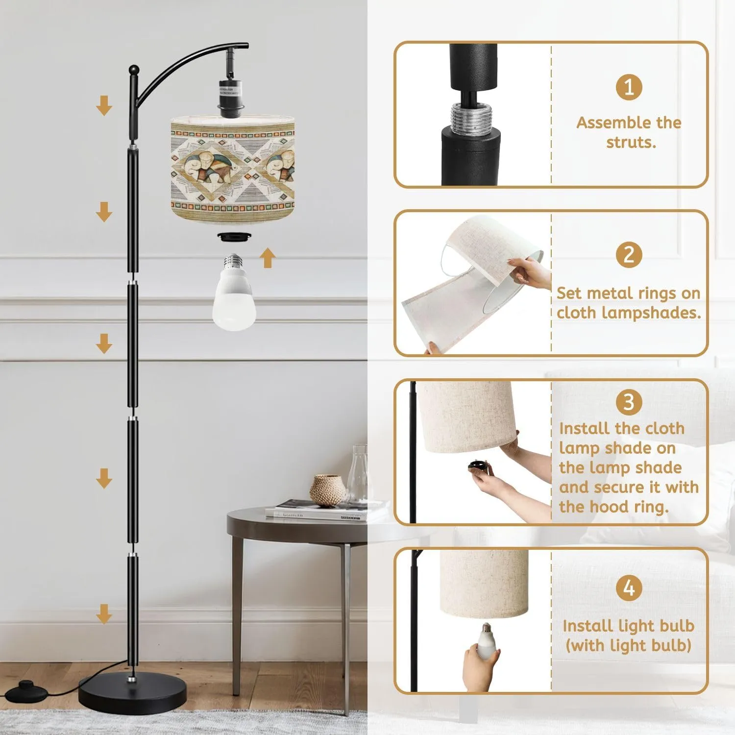 Arc Floor Lamps Seamless Pattern Border Watercolor Indian Elephant Geometrical Modern LED Adjustable Lampshade Standing Light for Living Room Reading Bedroom Office