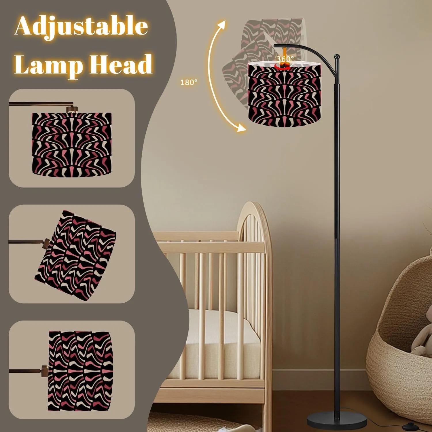Arc Floor Lamps Seamless Striped Pattern red Pink White Curved Lines Black Retro Style Modern LED Adjustable Lampshade Standing Light for Living Room Reading Bedroom Office
