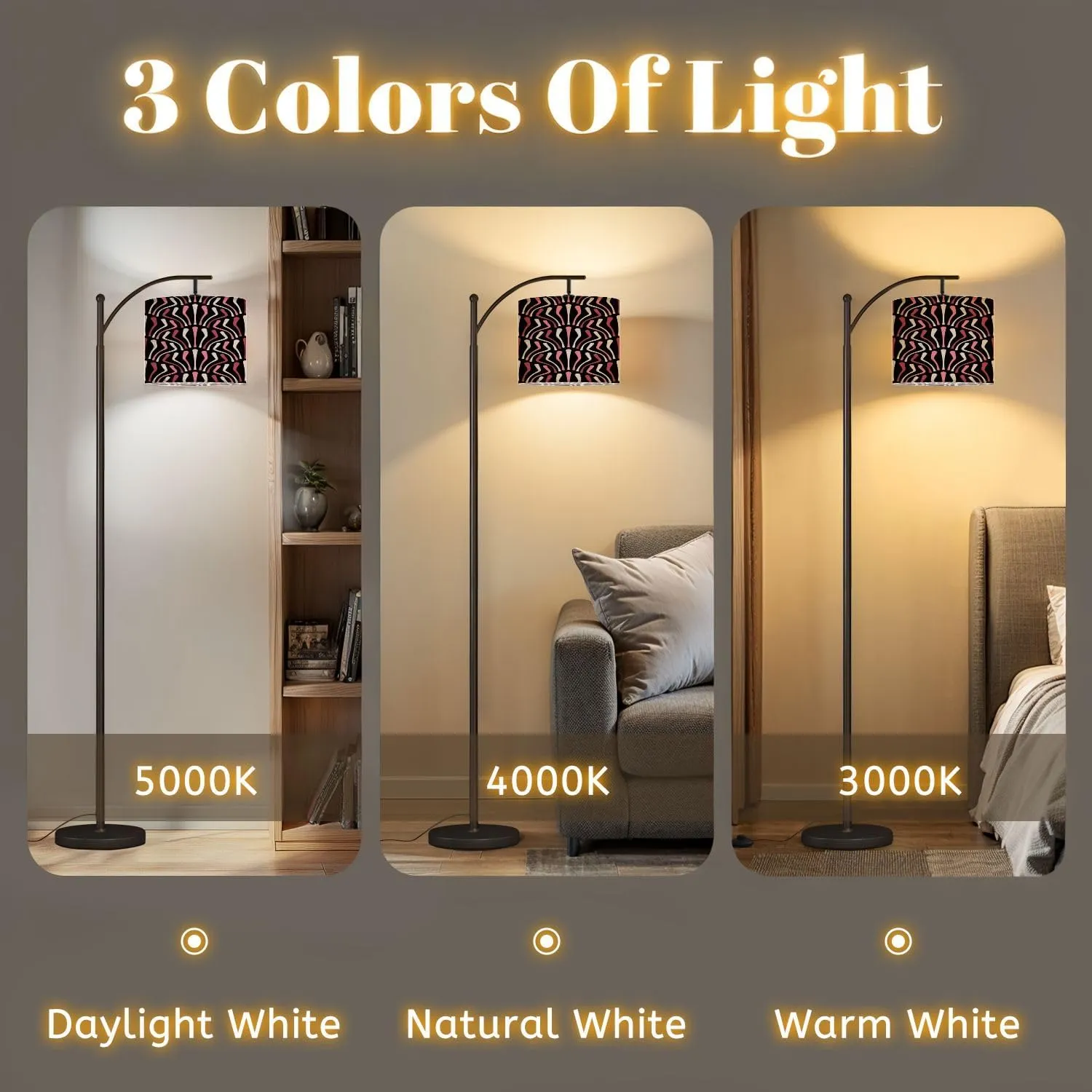 Arc Floor Lamps Seamless Striped Pattern red Pink White Curved Lines Black Retro Style Modern LED Adjustable Lampshade Standing Light for Living Room Reading Bedroom Office