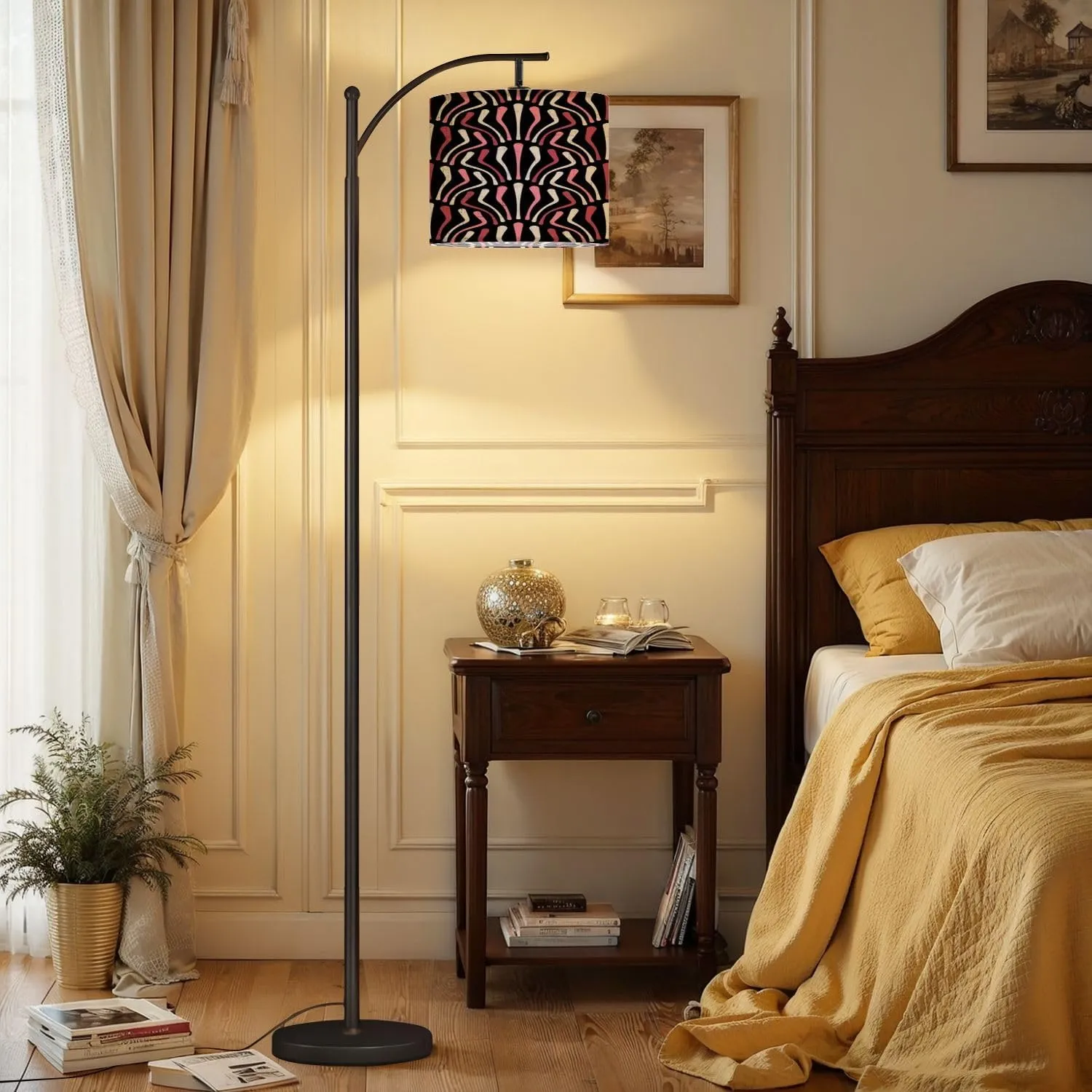 Arc Floor Lamps Seamless Striped Pattern red Pink White Curved Lines Black Retro Style Modern LED Adjustable Lampshade Standing Light for Living Room Reading Bedroom Office