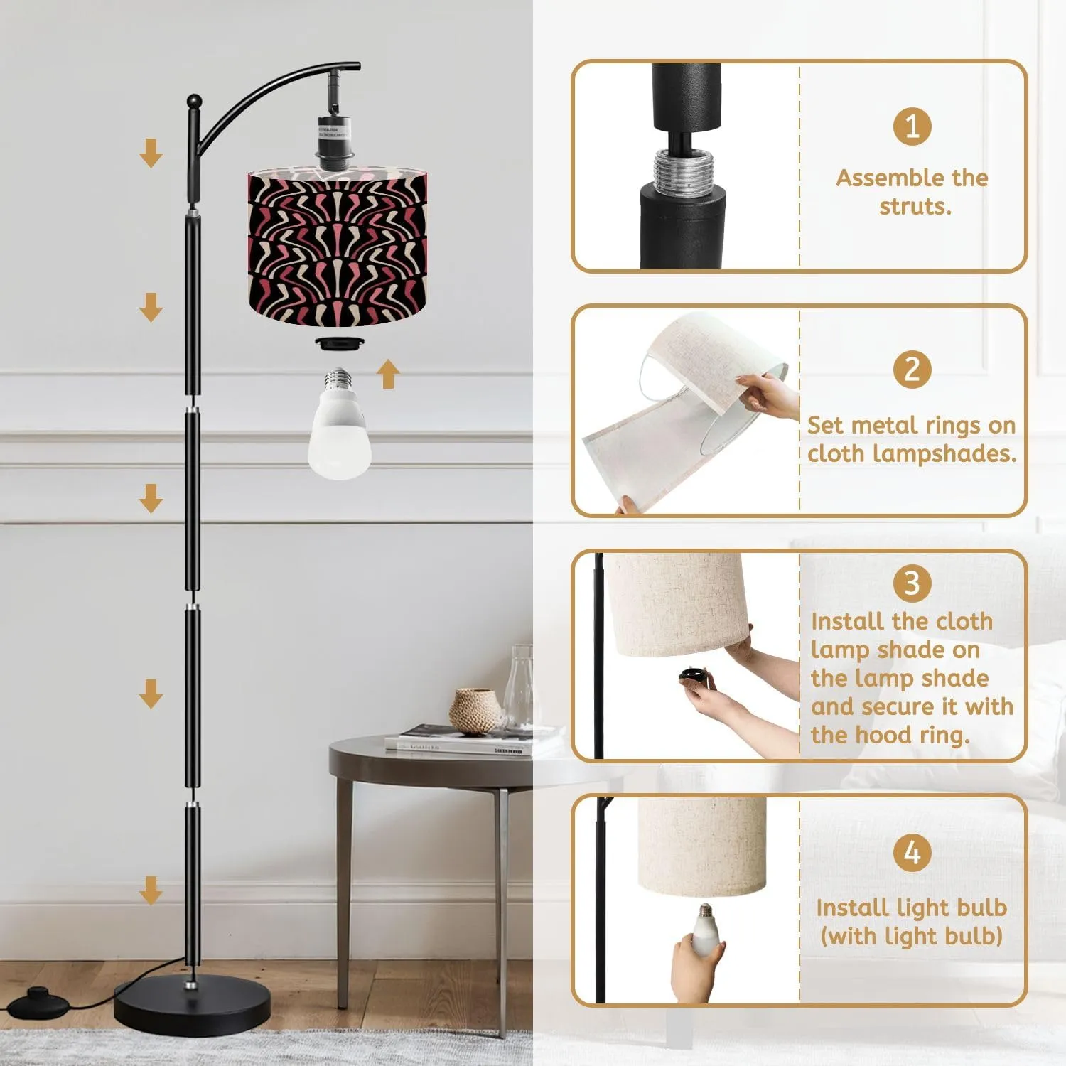 Arc Floor Lamps Seamless Striped Pattern red Pink White Curved Lines Black Retro Style Modern LED Adjustable Lampshade Standing Light for Living Room Reading Bedroom Office
