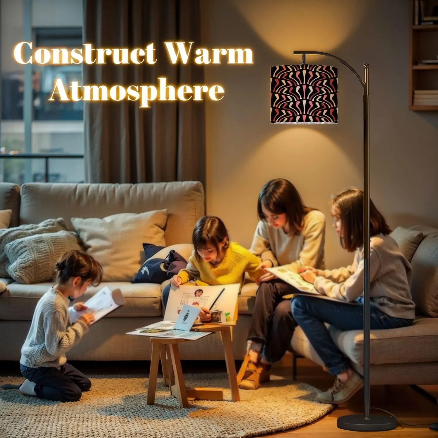 Arc Floor Lamps Seamless Striped Pattern red Pink White Curved Lines Black Retro Style Modern LED Adjustable Lampshade Standing Light for Living Room Reading Bedroom Office