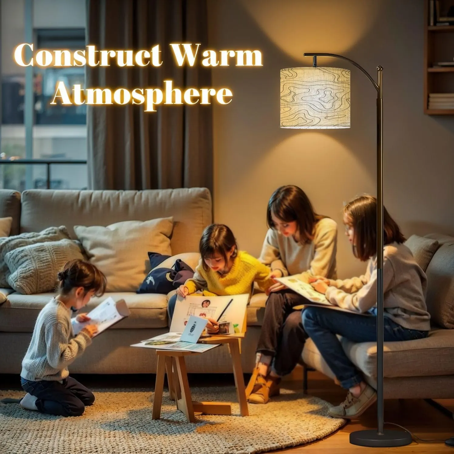 Arc Floor Lamps Topographic map Abstract Elevation Lines White Modern LED Adjustable Lampshade Standing Light for Living Room Reading Bedroom Office
