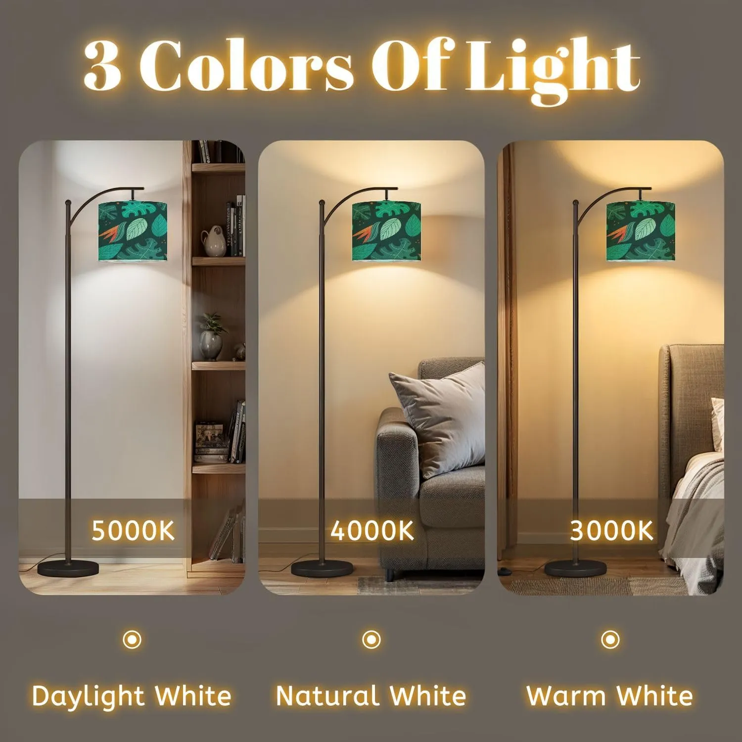 Arc Floor Lamps Tropical Leaves Modern LED Adjustable Lampshade Standing Light for Living Room Reading Bedroom Office