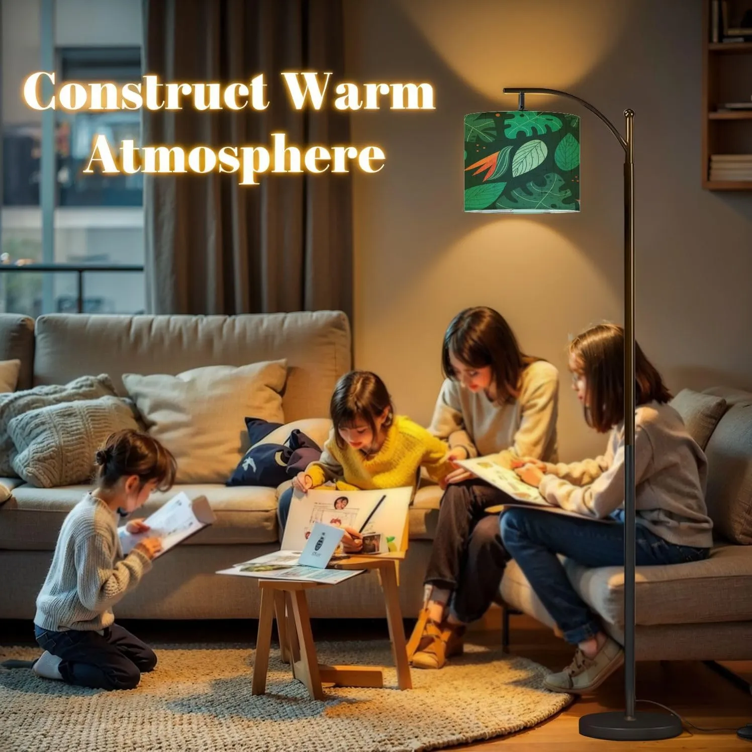 Arc Floor Lamps Tropical Leaves Modern LED Adjustable Lampshade Standing Light for Living Room Reading Bedroom Office