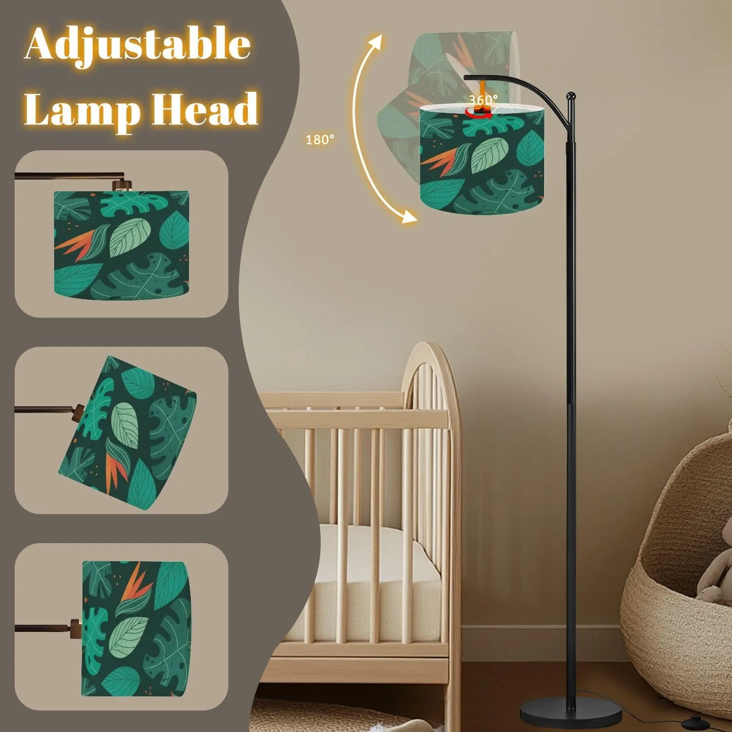 Arc Floor Lamps Tropical Leaves Modern LED Adjustable Lampshade Standing Light for Living Room Reading Bedroom Office