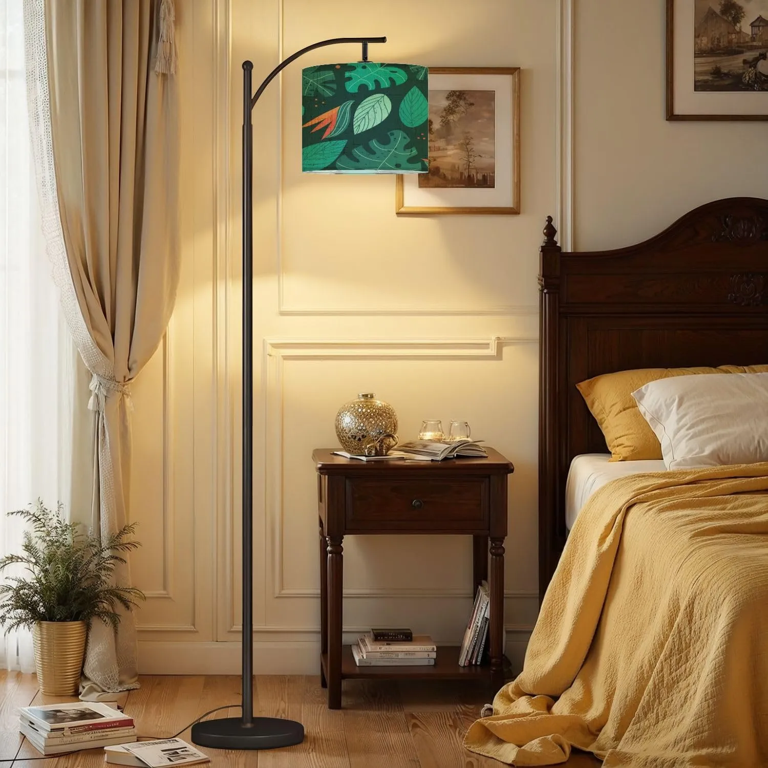 Arc Floor Lamps Tropical Leaves Modern LED Adjustable Lampshade Standing Light for Living Room Reading Bedroom Office