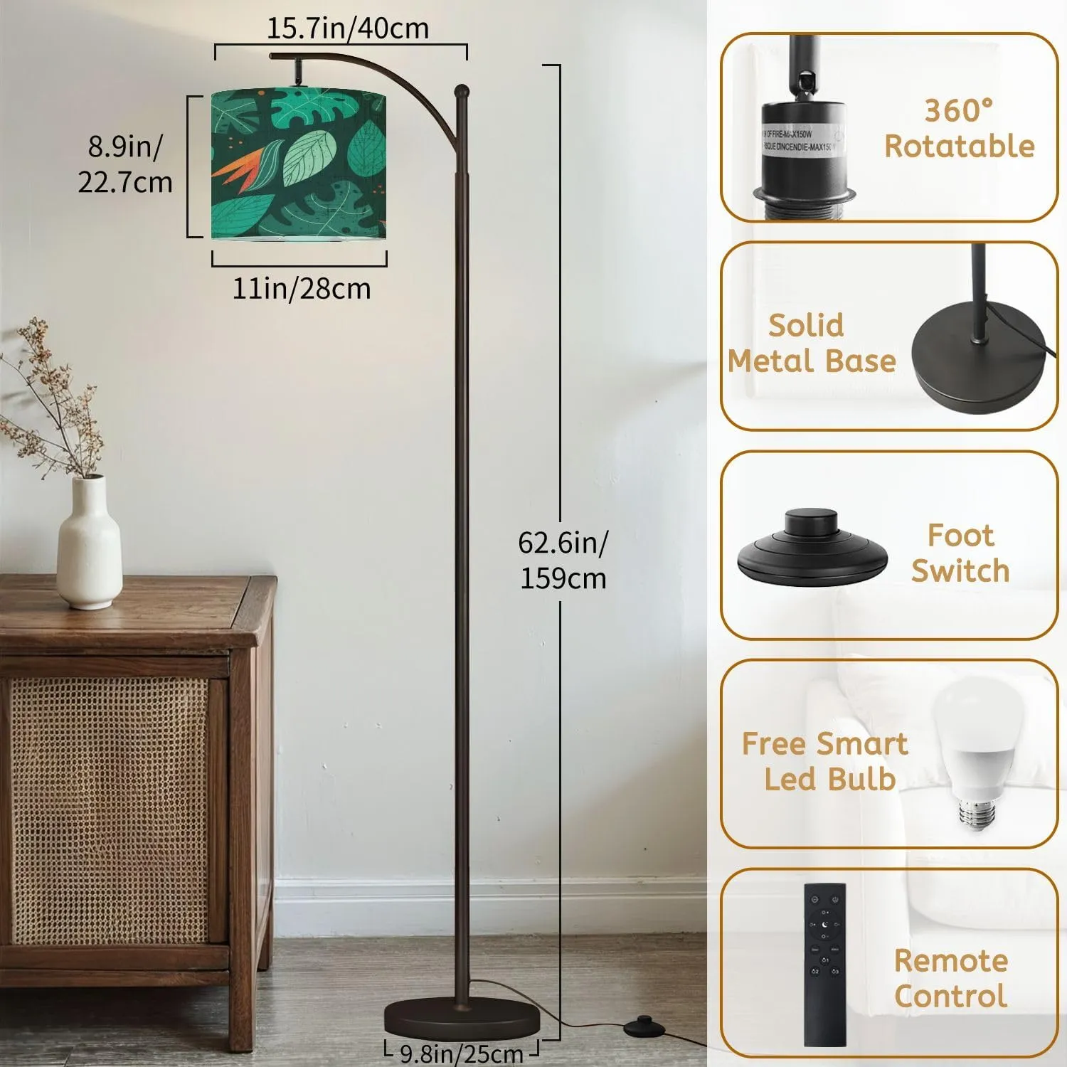 Arc Floor Lamps Tropical Leaves Modern LED Adjustable Lampshade Standing Light for Living Room Reading Bedroom Office