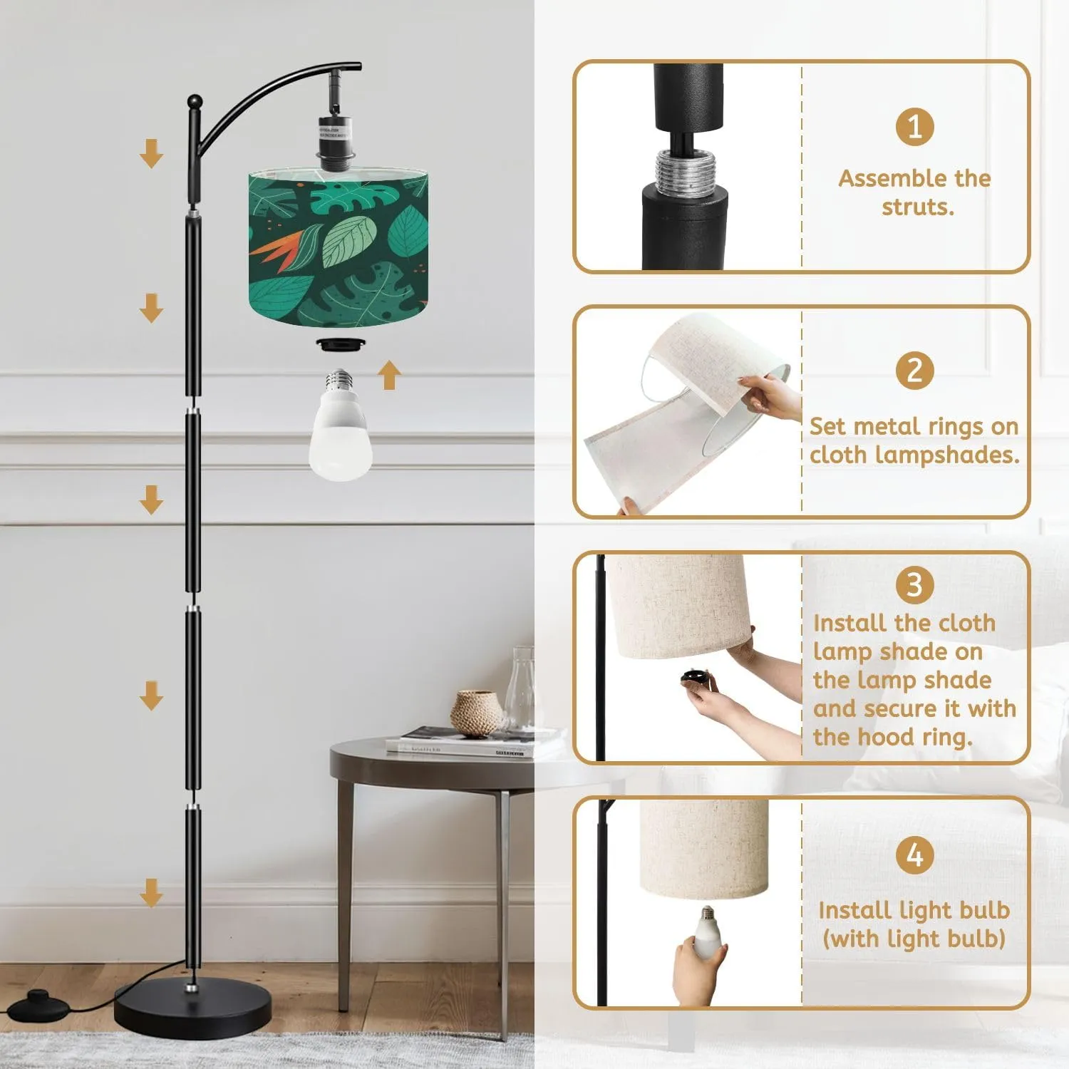 Arc Floor Lamps Tropical Leaves Modern LED Adjustable Lampshade Standing Light for Living Room Reading Bedroom Office
