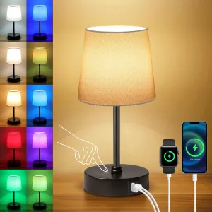 Ascher Small Bedside Table lamp, RGB Color Changing Lamps, 3 Color Temperatures, Dimmable Nightstand Lamp with USB C A Ports, Touch Desk Lamp for Bedroom Living Room Office(Cream Shade)