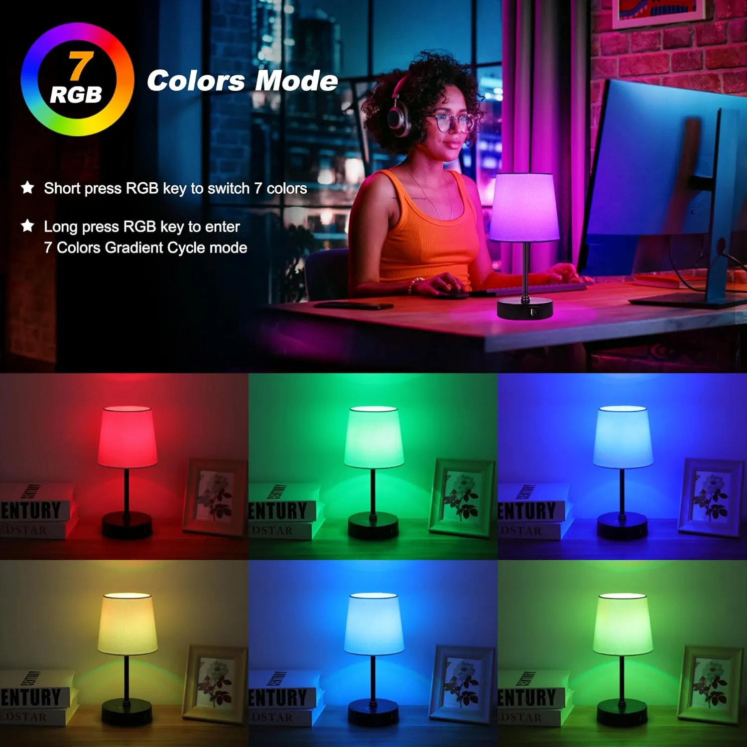 Ascher Small Bedside Table lamp, RGB Color Changing Lamps, 3 Color Temperatures, Dimmable Nightstand Lamp with USB C A Ports, Touch Desk Lamp for Bedroom Living Room Office(Cream Shade)