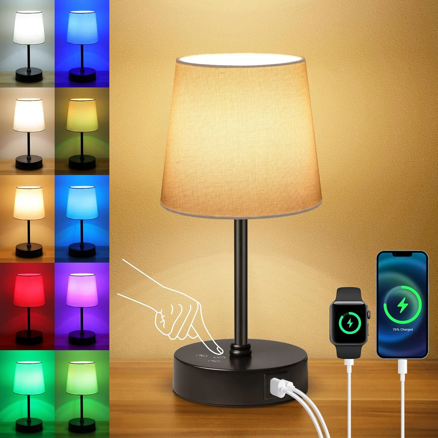 Ascher Small Bedside Table lamp, RGB Color Changing Lamps, 3 Color Temperatures, Dimmable Nightstand Lamp with USB C A Ports, Touch Desk Lamp for Bedroom Living Room Office(Cream Shade)
