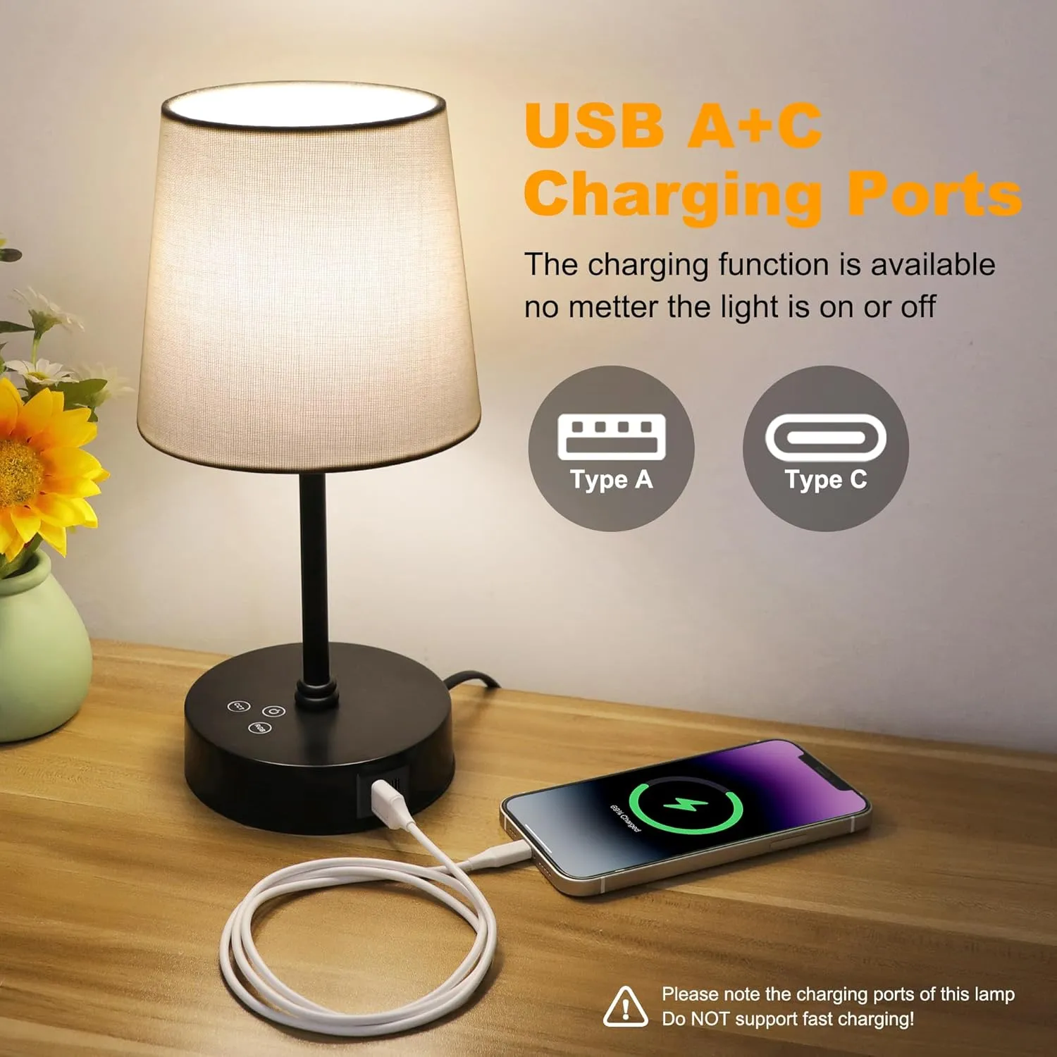Ascher Small Bedside Table lamp, RGB Color Changing Lamps, 3 Color Temperatures, Dimmable Nightstand Lamp with USB C A Ports, Touch Desk Lamp for Bedroom Living Room Office(Cream Shade)