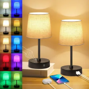 Ascher Small Bedside Table lamp Set of 2, RGB Color Changing Lamps, 3 Color Temperatures, Dimmable Nightstand Lamp with USB C A Ports, Touch Desk Lamp for Bedroom, Living Room, Office(Flaxen Shade)