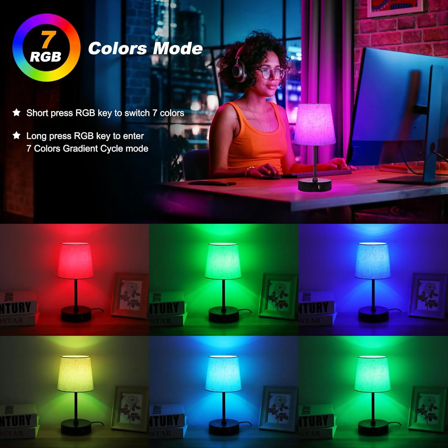Ascher Small Bedside Table lamp Set of 2, RGB Color Changing Lamps, 3 Color Temperatures, Dimmable Nightstand Lamp with USB C A Ports, Touch Desk Lamp for Bedroom, Living Room, Office(Flaxen Shade)