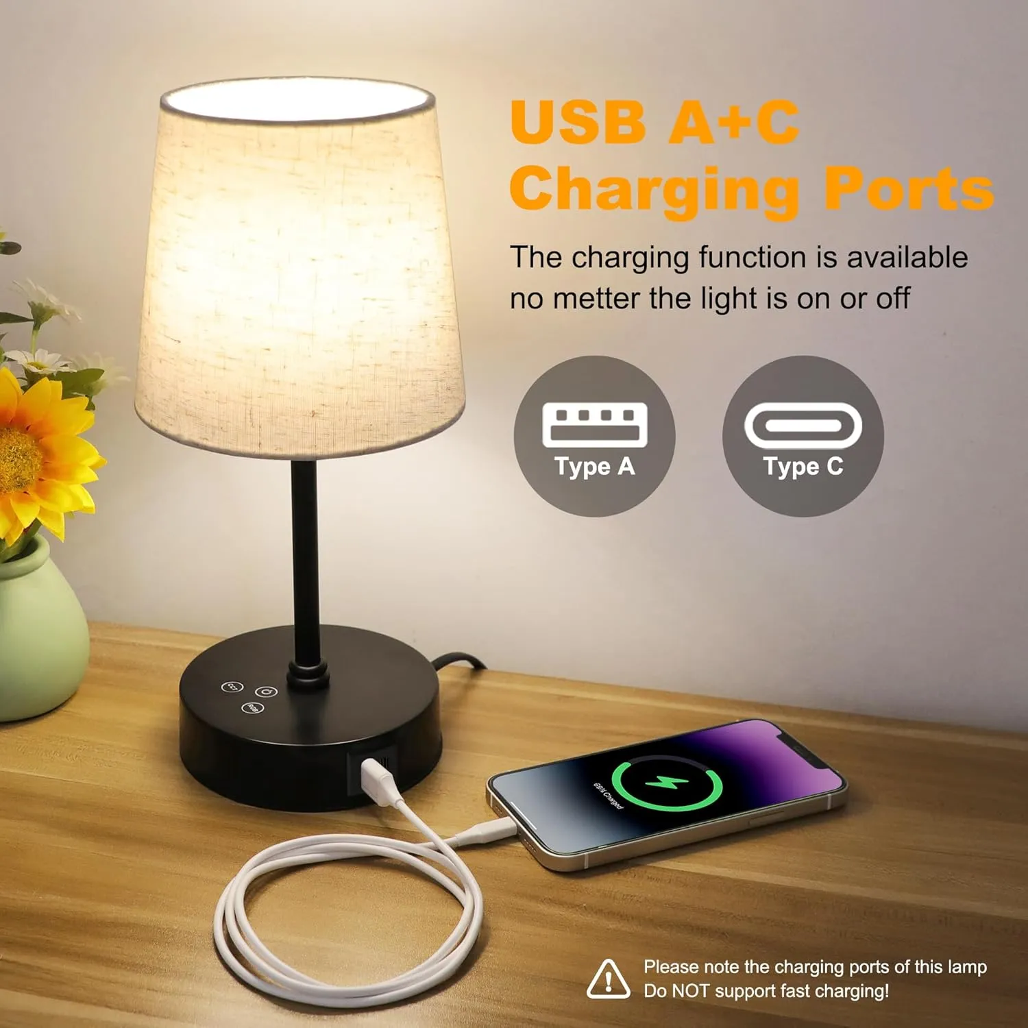 Ascher Small Bedside Table lamp Set of 2, RGB Color Changing Lamps, 3 Color Temperatures, Dimmable Nightstand Lamp with USB C A Ports, Touch Desk Lamp for Bedroom, Living Room, Office(Flaxen Shade)