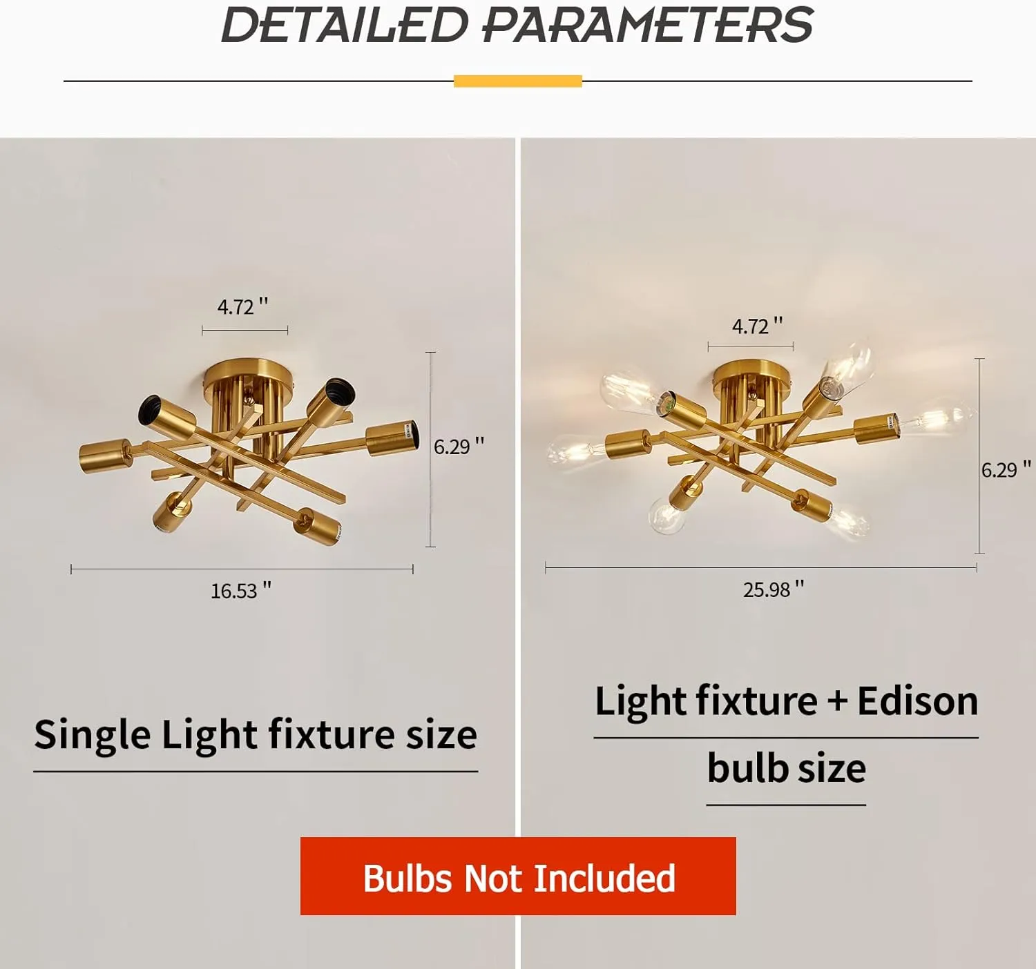ASGYISA 6-Lights Semi Flush Mount Ceiling Light Fixture Gold Modern Matte Sputnik Chandelier Vintage Ceiling Lamp Farmhouse for Kitchen Bedroom Dining Room Living Room with E26 Bulb Base