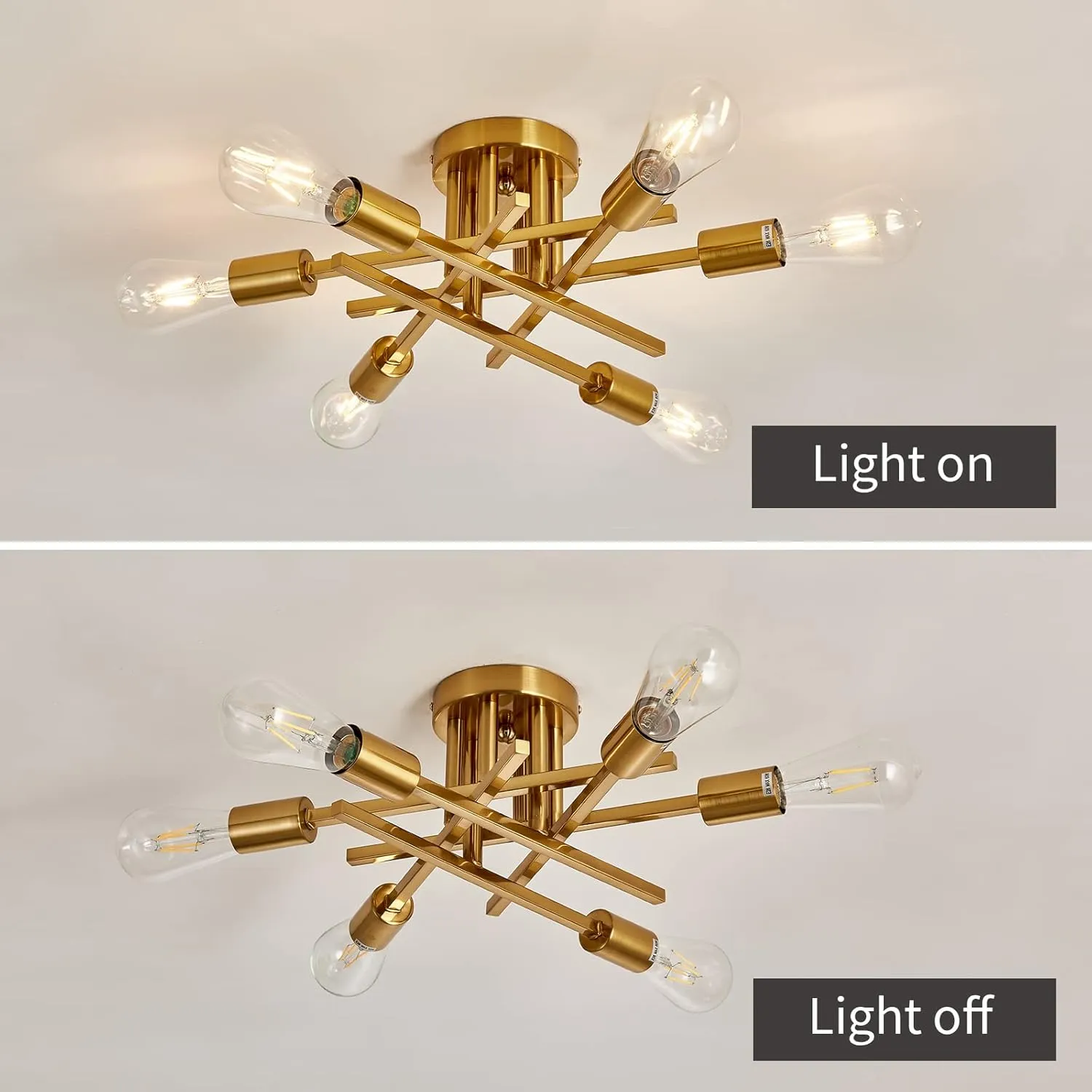 ASGYISA 6-Lights Semi Flush Mount Ceiling Light Fixture Gold Modern Matte Sputnik Chandelier Vintage Ceiling Lamp Farmhouse for Kitchen Bedroom Dining Room Living Room with E26 Bulb Base