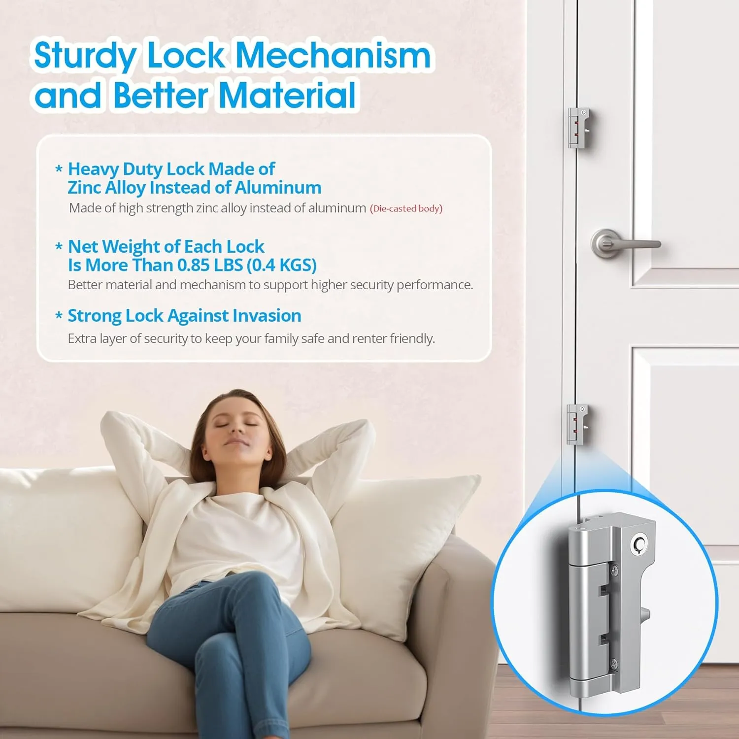 AST Home Security Reinforcement Lock, 1 Pack, Indoor Use, Keyed Childproof Door Lock, Toddler Proof Security Latch, Kidproof Door Stopper with Cylinder and Snib, Made of Zinc Alloy (Matte Silver)