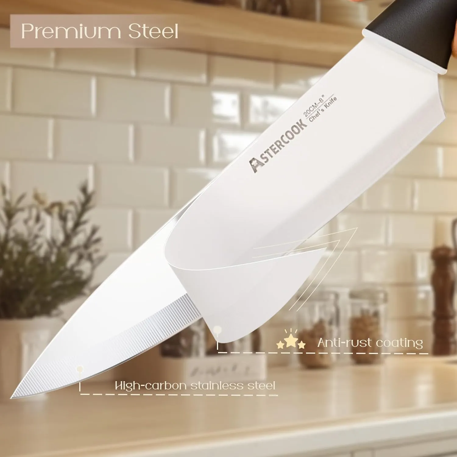 Astercook Knife Set, Kitchen Knives with Block and Sharpener Ceramic Coating 15 Pcs German Stainless Steel Knives Sharp Blade Dishwasher Safe Kitchen Utensils Set with Ergonomic Handle, Elegant Black
