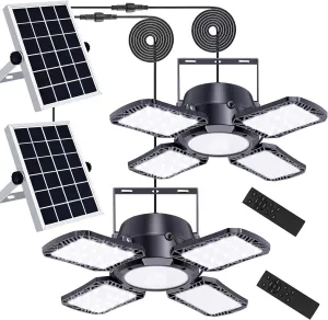 Auzev Solar Shed Light Indoor Outdoor Upgrade 176 LED 4 and 1 Heads Solar Powered Motion Sensor Pandent Daytime Work Lights with 4 Modes Remote Control Security lamp for Garage Gazebo Barn (2 Pack)