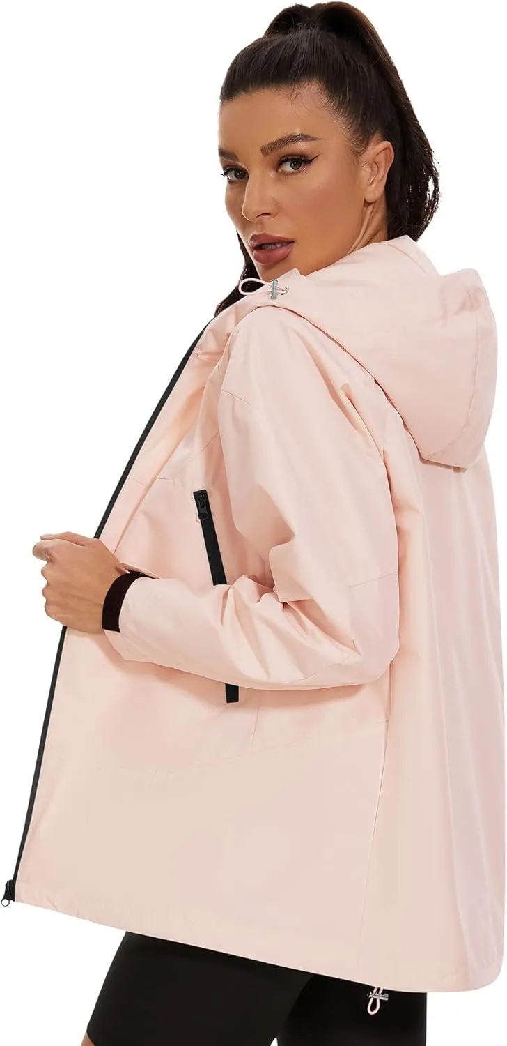 Avoogue Rain Jacket for Women Loose Fit Waterproof Lightweight Lined Rain Coat Hiking Windbreaker Jacket with Hood