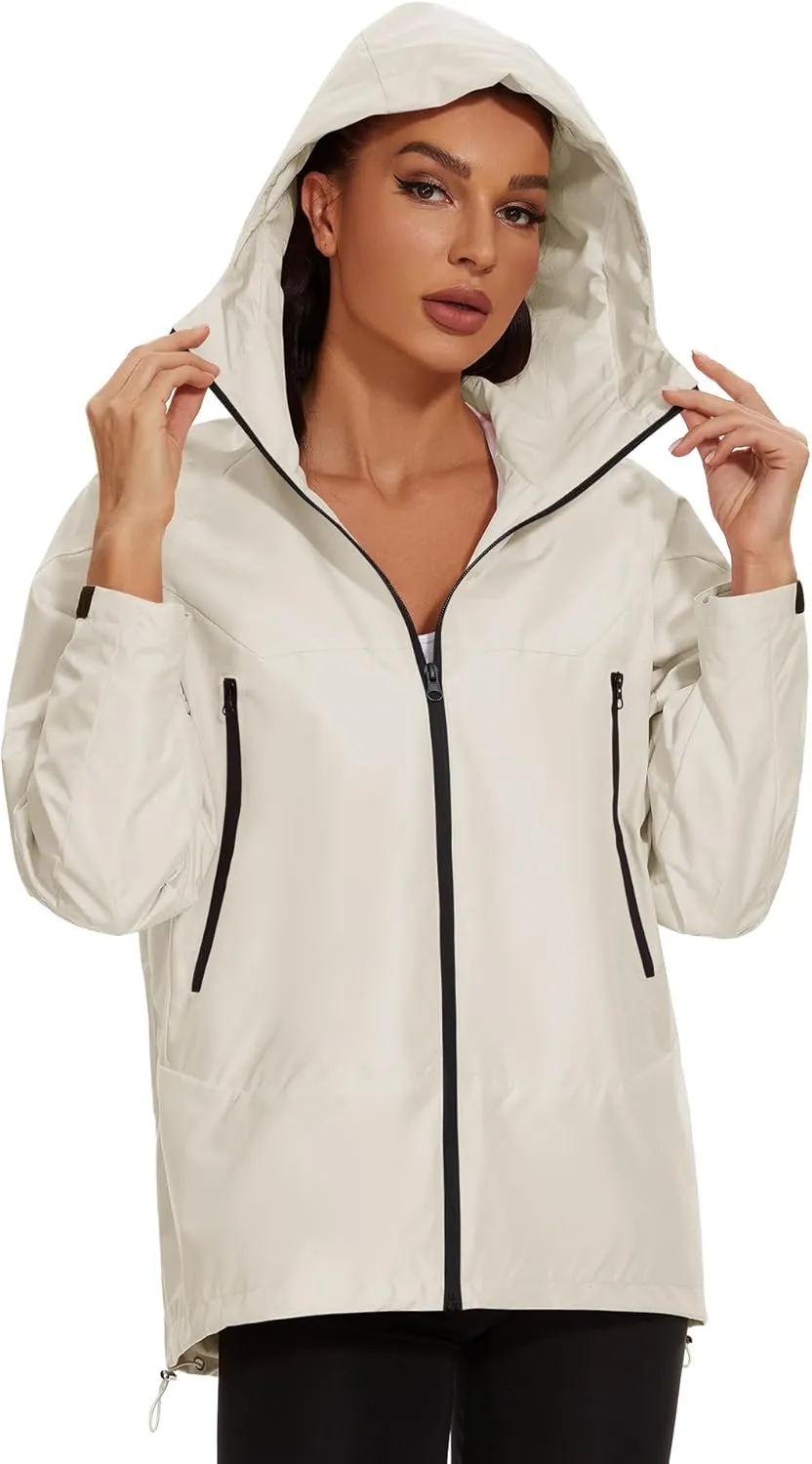 Avoogue Rain Jacket for Women Loose Fit Waterproof Lightweight Lined Rain Coat Hiking Windbreaker Jacket with Hood